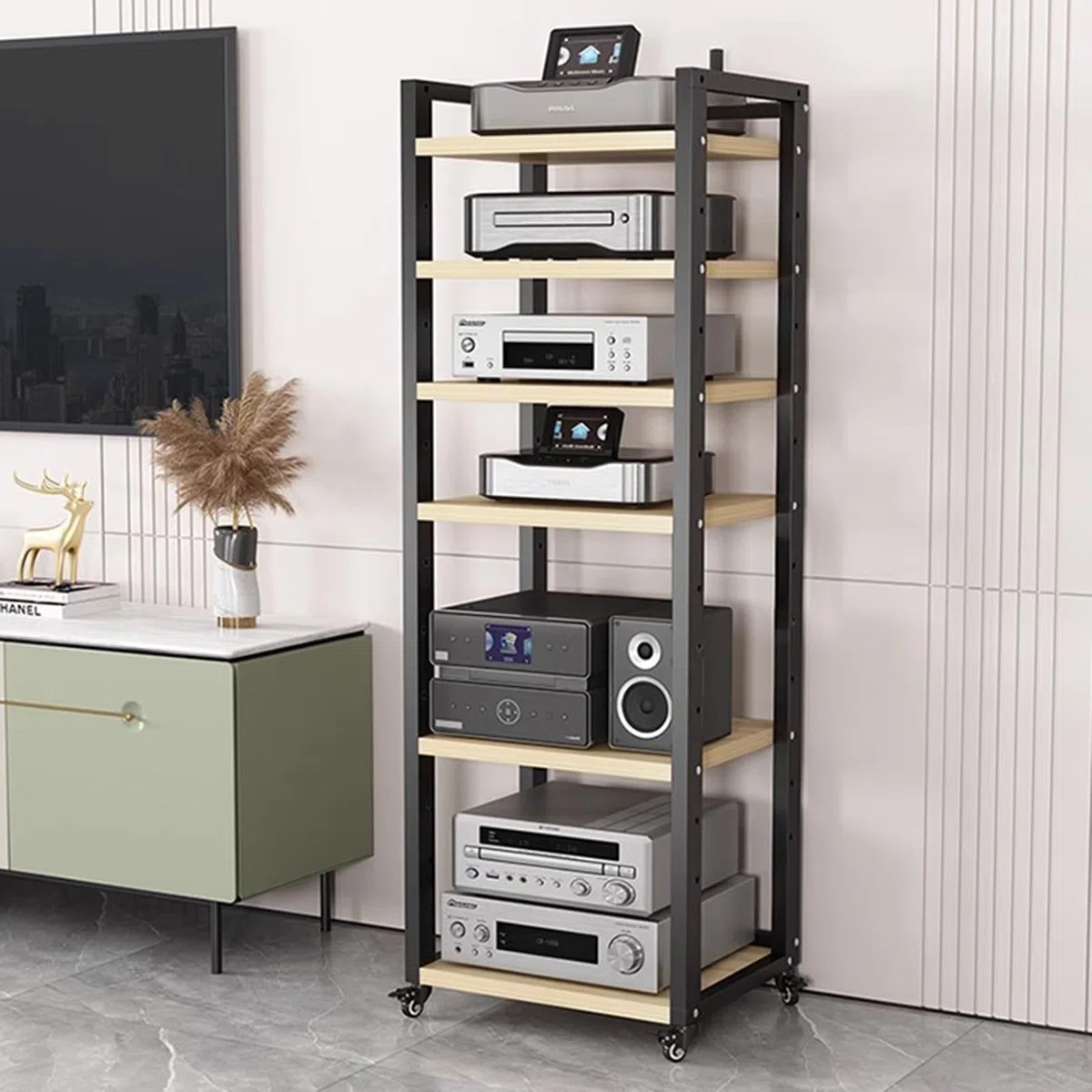 Szafka na sprzęt audio, Stojak na sprzęt stereo AV z kółkami, regulowana wysokość, narożny, komponent wideo, półka do przechowywania DVD