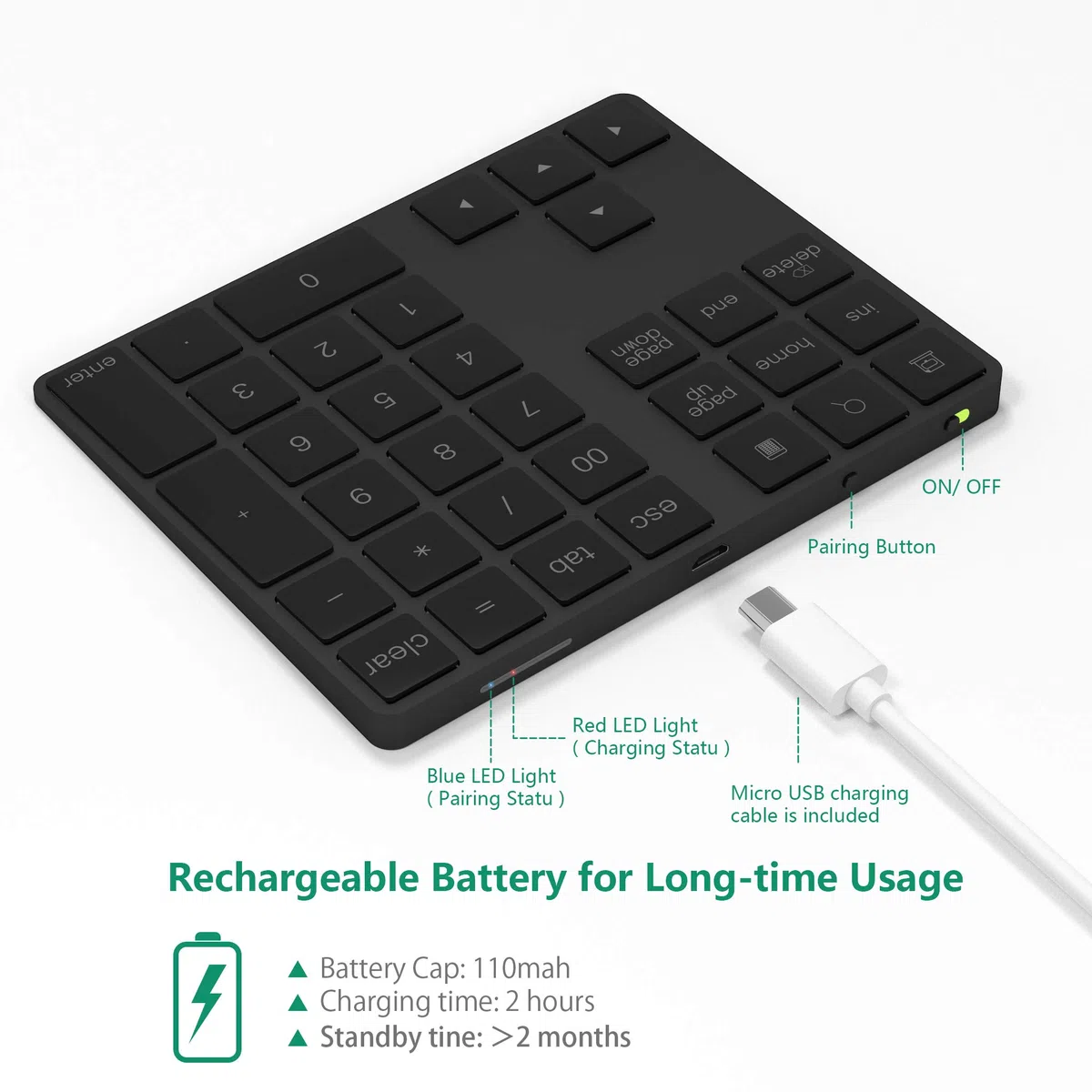 Klawiatura numeryczna Bluetooth, bezprzewodowa klawiatura z wieloma skrótami, 34-klawiszowa klawiatura numeryczna do M acbook/iP ad/laptopa/PC/telefonu, kompatybilna z Surface Pro, Windows,