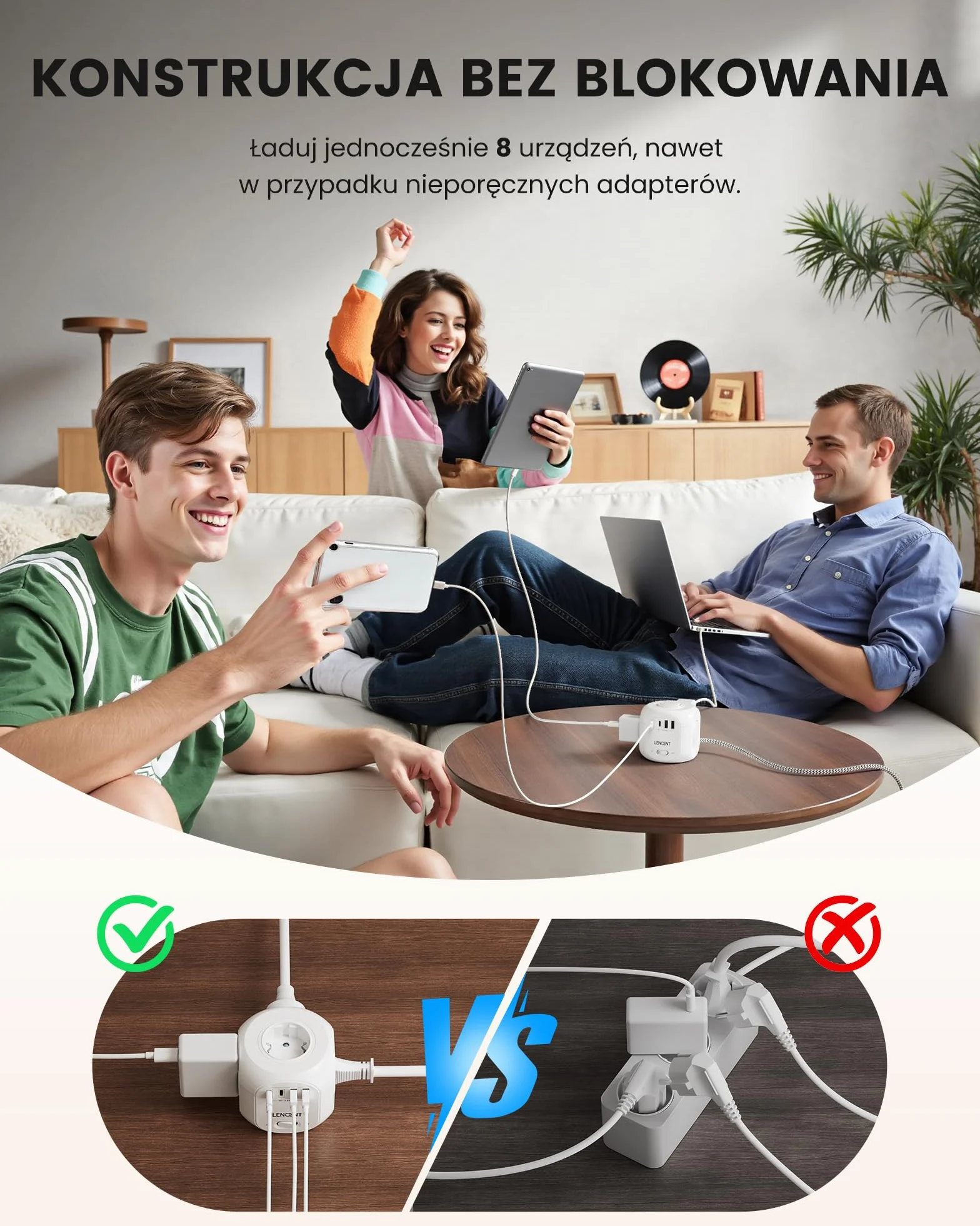 LENCENT Listwa Zasilająca Płaską Wtyczką z 4 Gniazd, Wielokrotna Wtyczka z 2 Metry Kablem w Oplocie, Przedłużacz z 3 Gniazdami USB-A+1Typ-C, 8 w 1 Listwa Zasilająca z Przełącznikiem Gniazdka, Biały