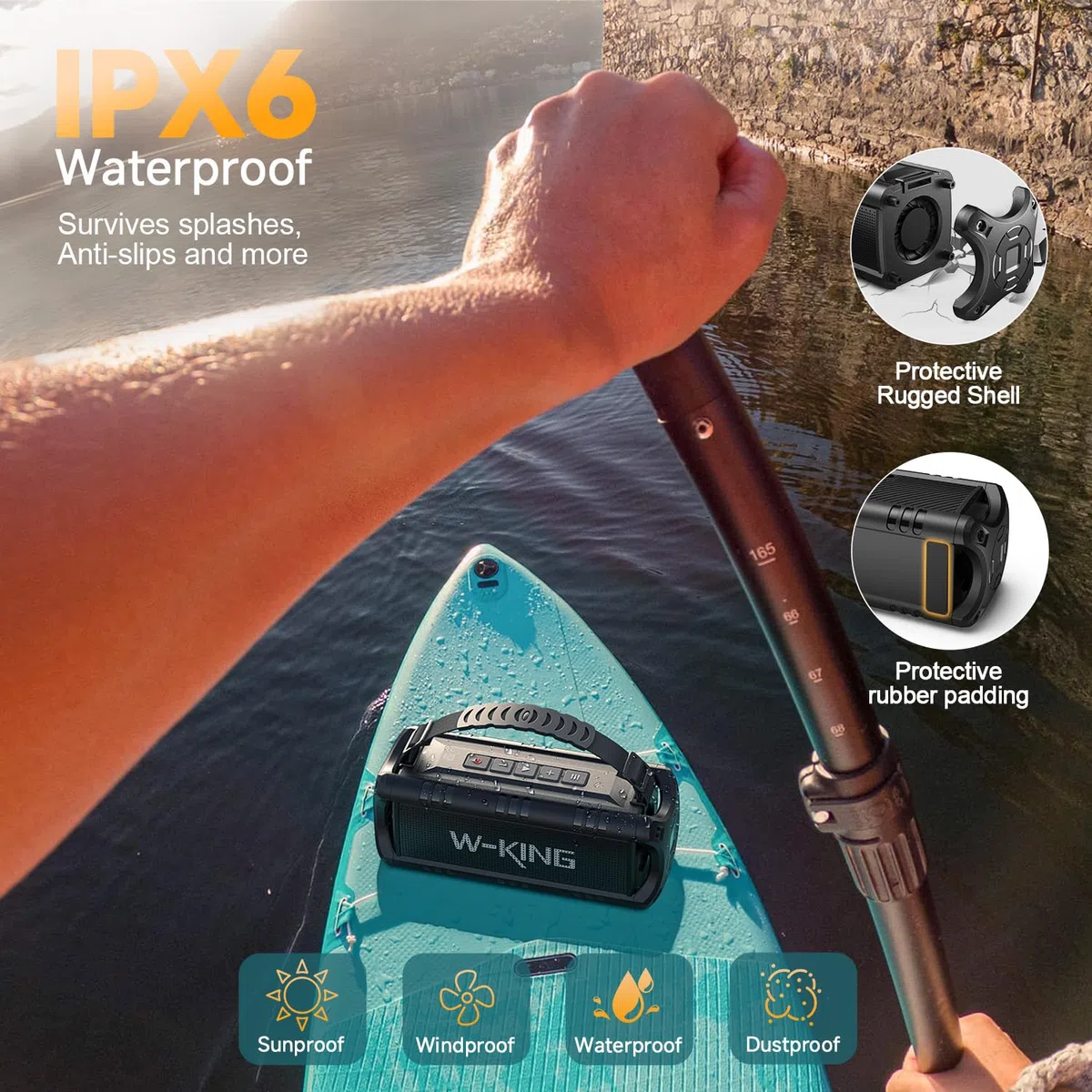 W-KING Przenośne głośniki Bluetooth bezprzewodowe 60W MAX 30W RMS, wodoszczelny głośnik zewnętrzny IPX6, 24godziny na dobę, korektor, wejście AUX, karta TF, odtwarzanie przez USB, mocny głośnik basowy