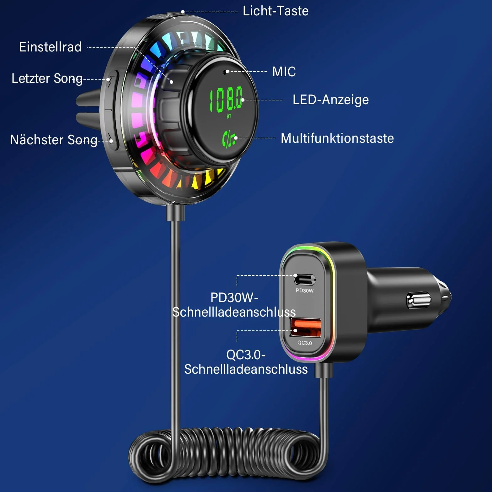 Adapter Bluetooth samochodowy FM z RGB, zestaw głośnomówiący Bluetooth 5.3, PD30W USB-C QC3.0, ładowarka samochodowa do iPhone Android