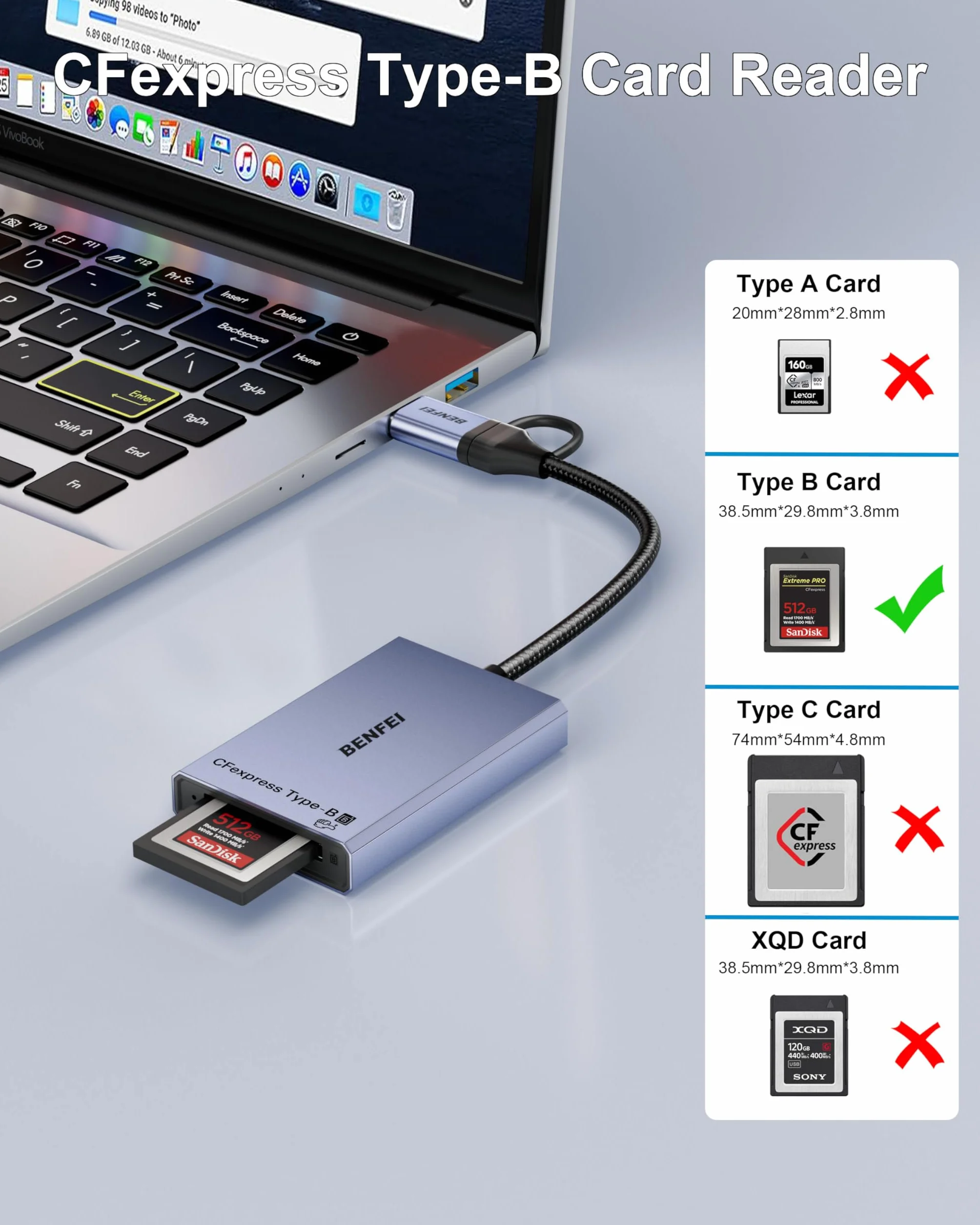 Czytnik kart BENFEI CFexpress typu B z USB 3.2 (Gen 2) 10 Gb/s, adapterem CFexpress 2 w 1 typu B USB-C i USB-A, kompatybilny z systemami Windows/Mac/Linux/Android (nie dla karty XQD)