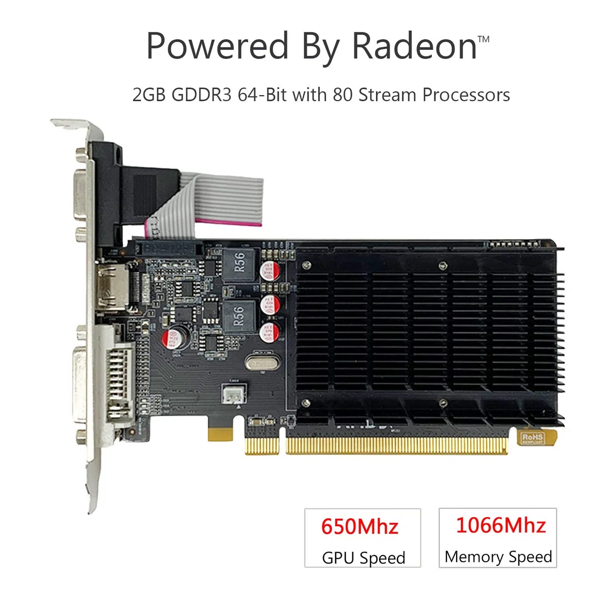 SAPLOS Radeon HD 5450 2 GB GDDR3 64-bitowa (DVI, HDMI, VGA), niskoprofilowy komputer GPU, PCI Express 2.0x16, karta wideo PC do cichej budowy HTPC, DirectX 11