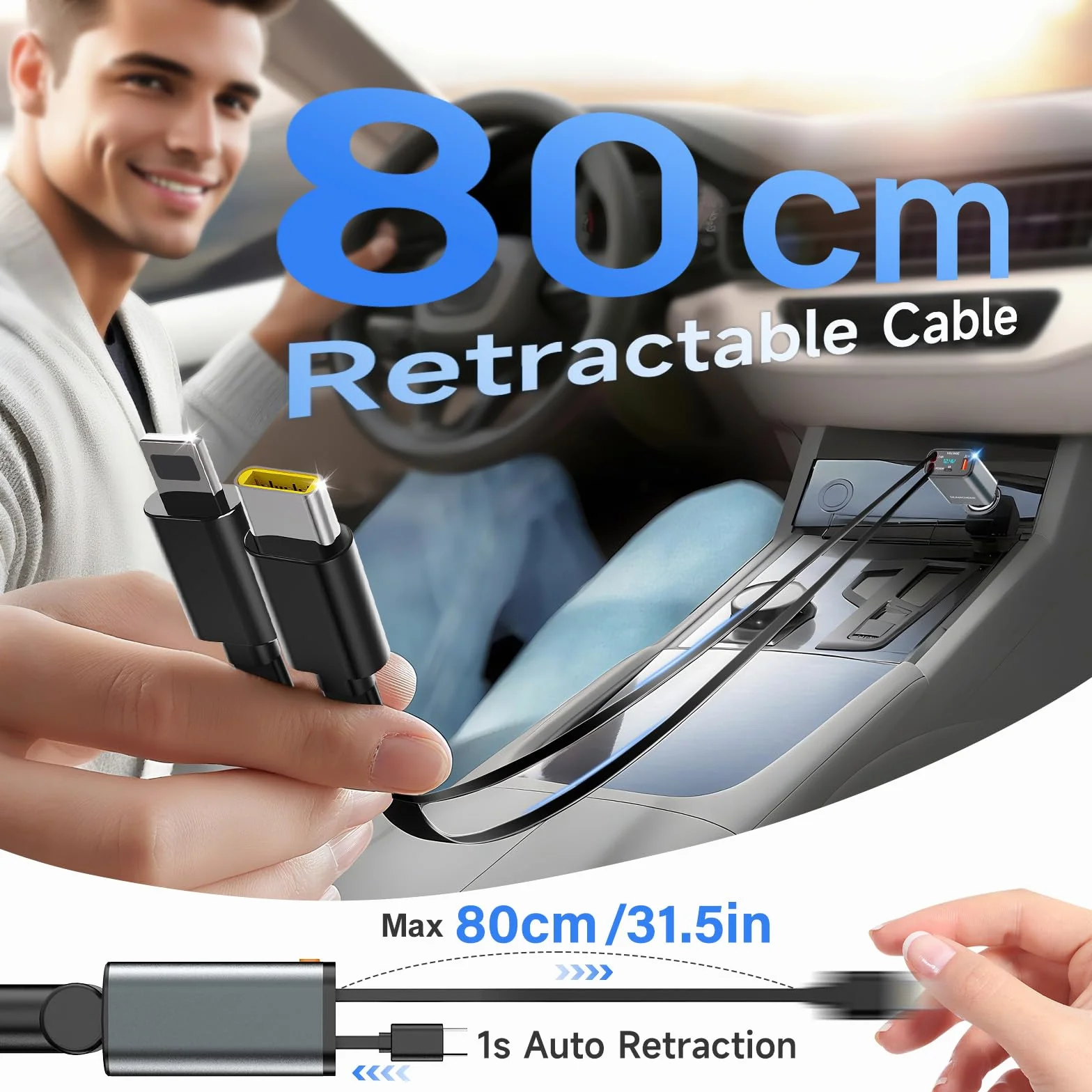 SEANCHEER Adapter Bluetooth do samochodu i zapalniczki samochodowej USB C, 69 W, ładowarka samochodowa z 2 zwijanymi kablami, transmiter FM