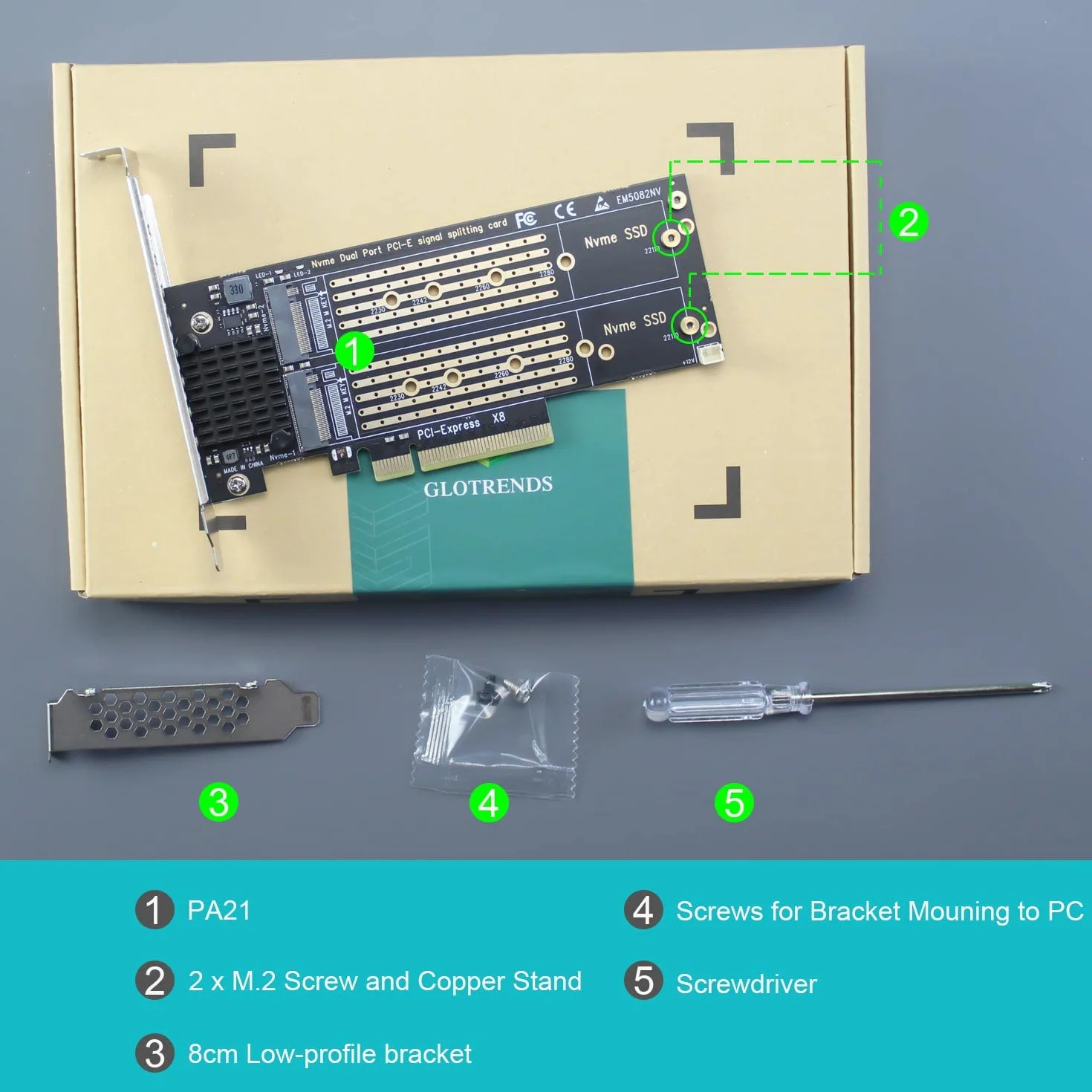 GLOTRENDS PA21 Dual Adapter M.2 NVMe do PCIe 4.0 X8 bez rozgałęzienia PCIe, konfiguracja miękkiego macierzy RAID M.2 NVMe za pomocą narzędzia systemu operacyjnego (obsługuje rozmiary 22110/2280)