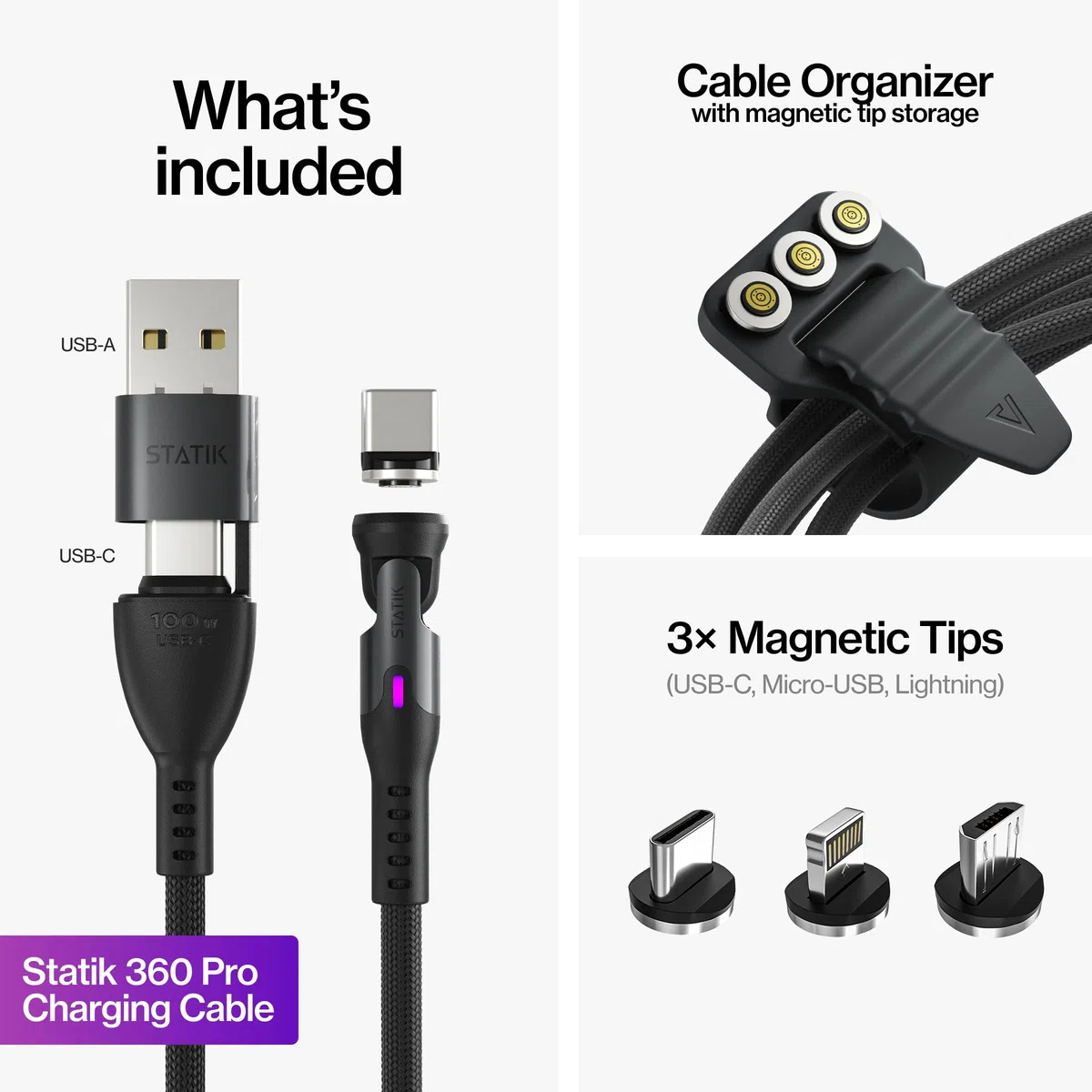 Statik Magnetyczny kabel do ładowania 360 Pro, ładowarka typu C, szybkie ładowanie 3 w 1, kabel USB C na USB C, końcówki micro USB i iProduct Tips, adapter USB A, pasuje do wszystkich urządzeń, szybka