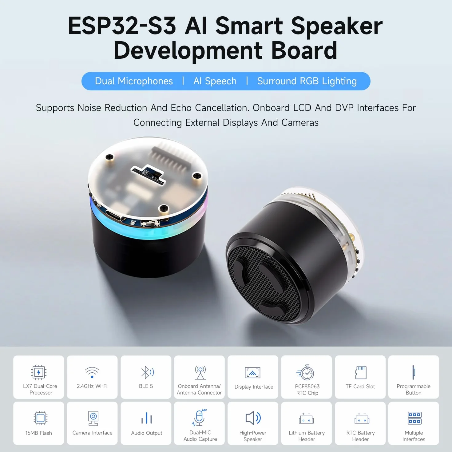 Waveshare ESP32-S3 AI Smart Speaker Development Board, podwójne mikrofony, redukcja szumów, oświetlenie RGB, wyświetlacz zewnętrzny i obsługa kamery