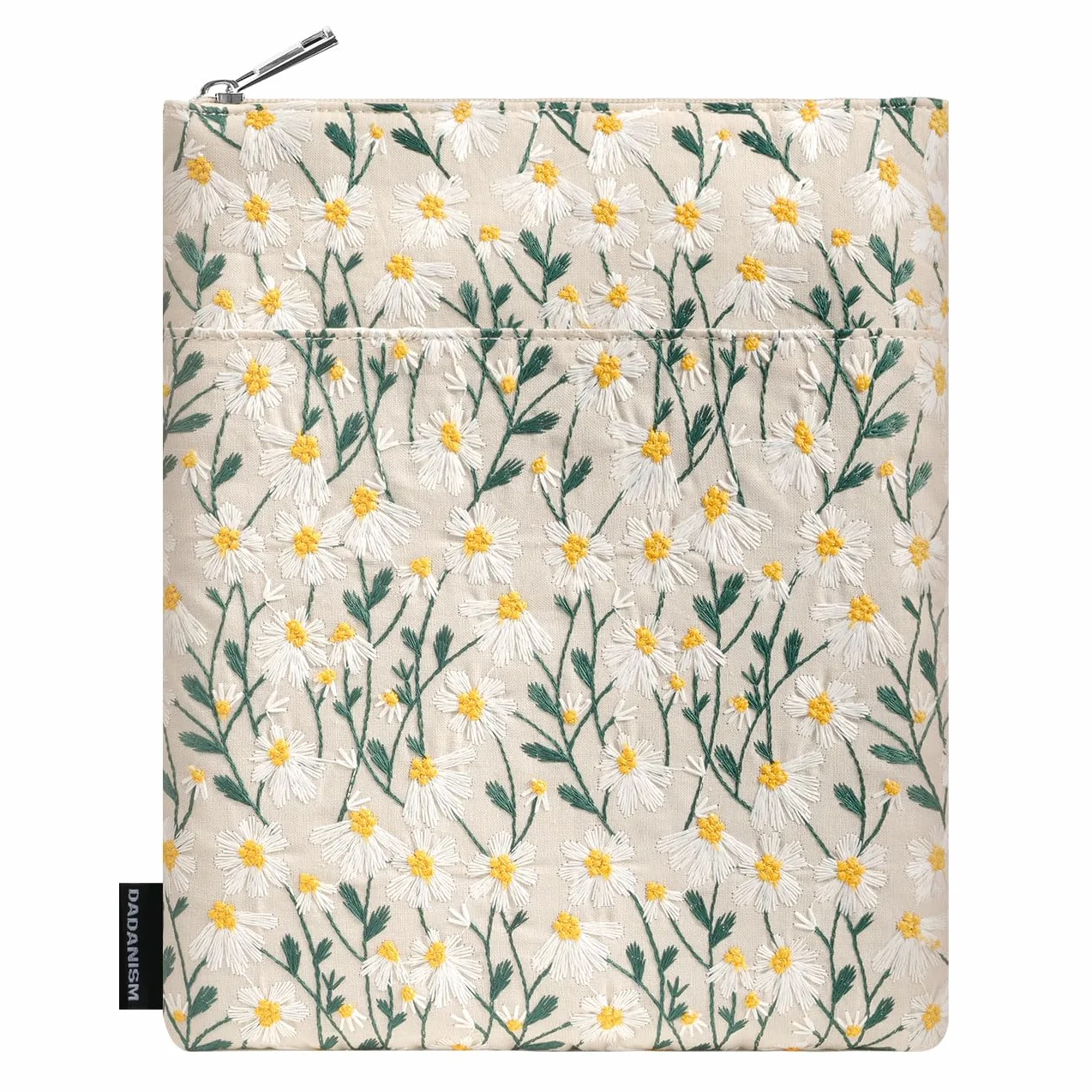 Dadanism Daisy Embroidered Book Sleeve with Zipper, Book Protector Pouch, Beige