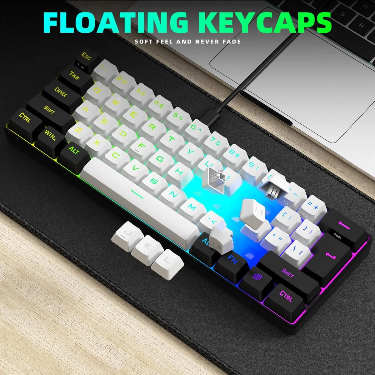 Mechaniczna klawiatura do gier, 61 klawiszy, 60% kompaktowa klawiatura do gier z 7-kolorowym podświetleniem RGB, przewodowa klawiatura USB do laptopa stacjonarnego i podróżna (czarno-biała) (biał