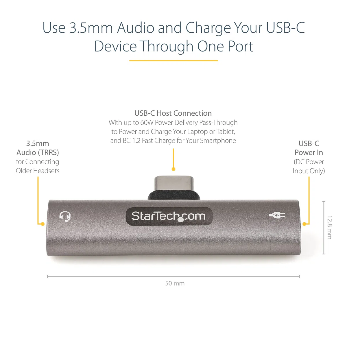 StarTech.com Adapter Audio i Ładowania USB-C z Gniazdem Słuchawkowym 3,5 mm TRRS i Ładowarką 60 W, Do Telefonu/Tabletu