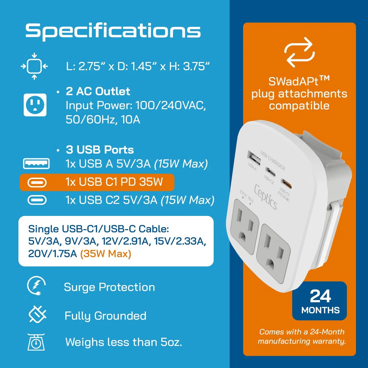 Ceptics World Zestaw adapterów podróżnych – 2 USB + 2 gniazda USA, zawiera adapter do Europy, Wielkiej Brytanii, Chin, Australii, Japonii – idealny do laptopów, telefonów komórkowych i innych urządzeń