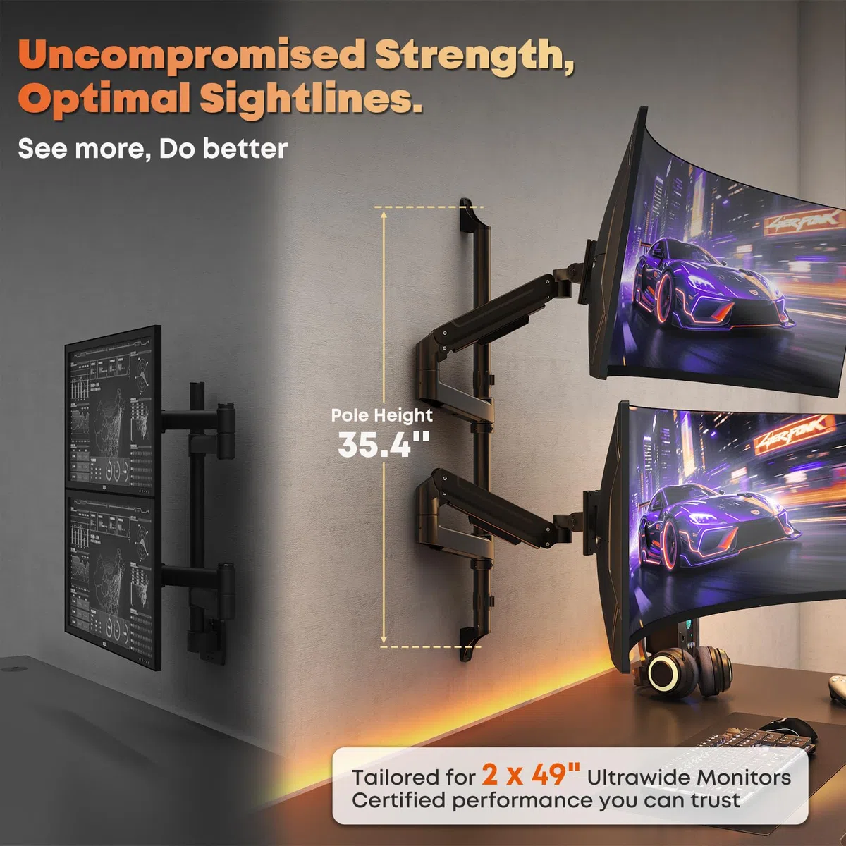 PUTORSEN Uchwyt Ścienny do monitorów o przekątnej17-49"ultrawide,ergonomiczna regulacja wysokości ramię ze sprężyną gazową,wytrzymuje do 20 kg na ramię,VESA 75/100 mm,oszczędzające miejsce rozwiązanie