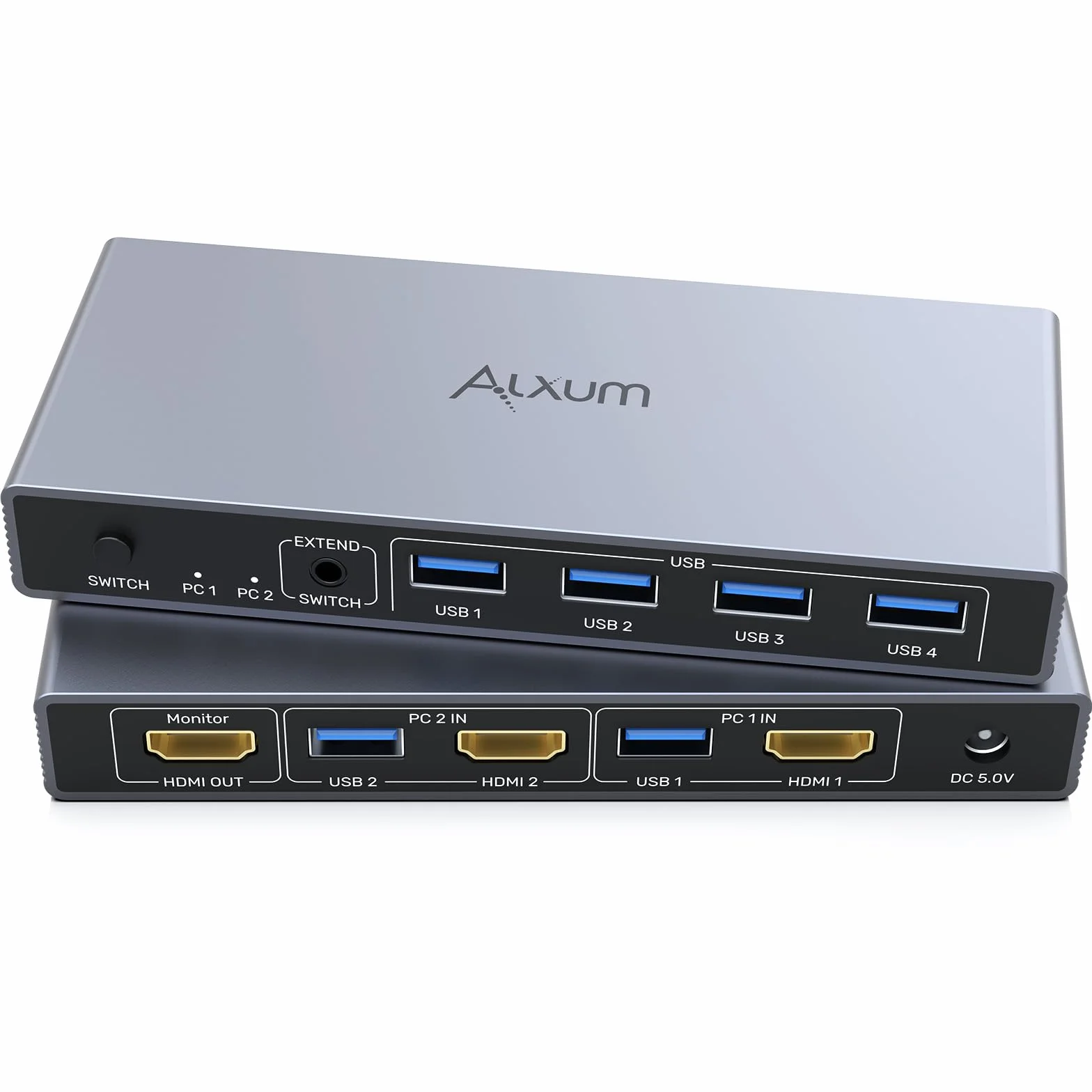 Alxum Przełącznik KVM HDMI 2 komputery 1 monitor 4K 60 Hz 4 USB A 5 Gb/s kontroler biurkowy 2 kable USB 3.0
