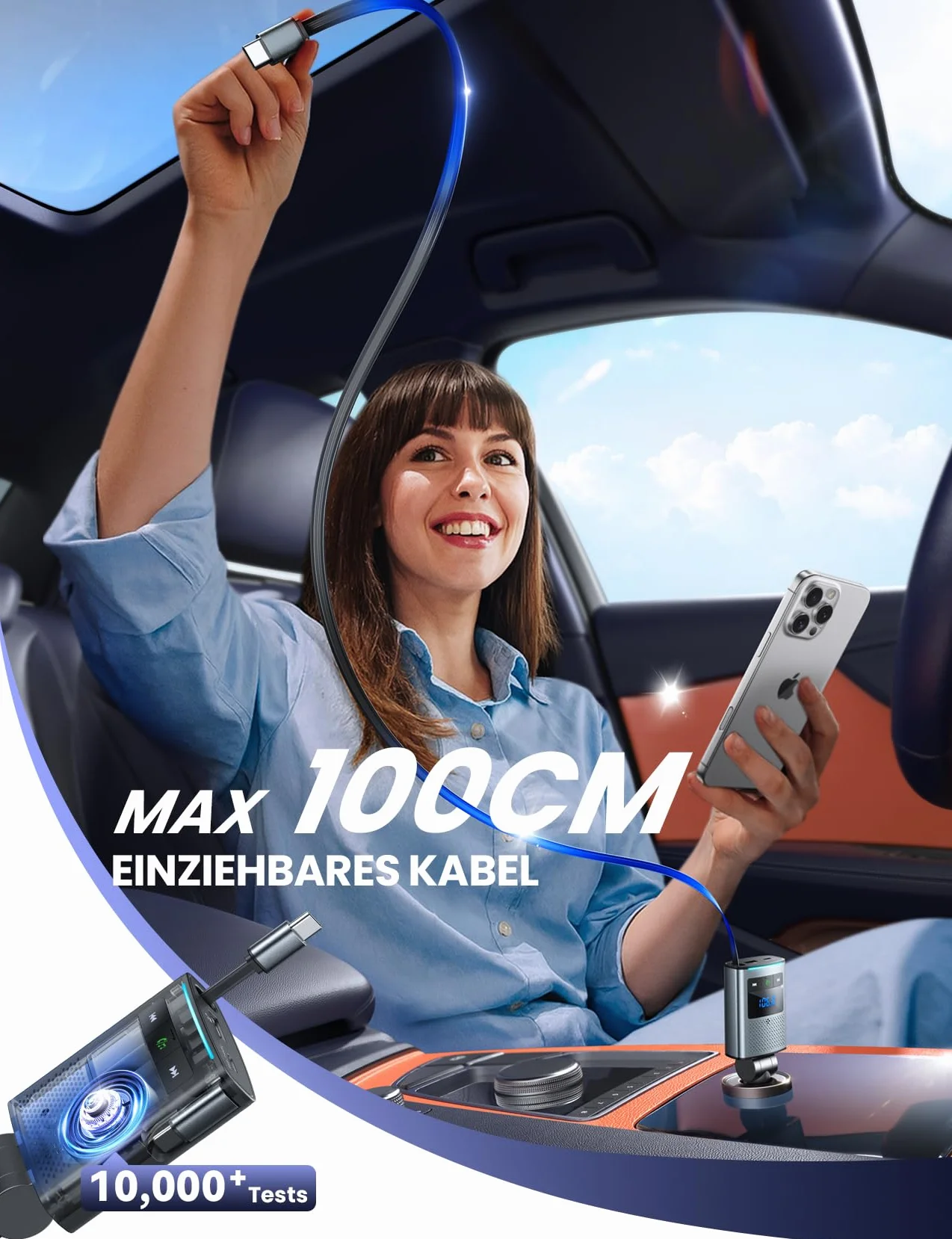 JOYROOM 90W Bluetooth 5.4 Adapter do samochodu,【100 cm wciągany kabel】 24V/12V USB C & nadajnik FM, 24V/12V adapter USB do samochodu z zestawem głośnomówiącym, akcesoria samochodowe dla iPhone 17