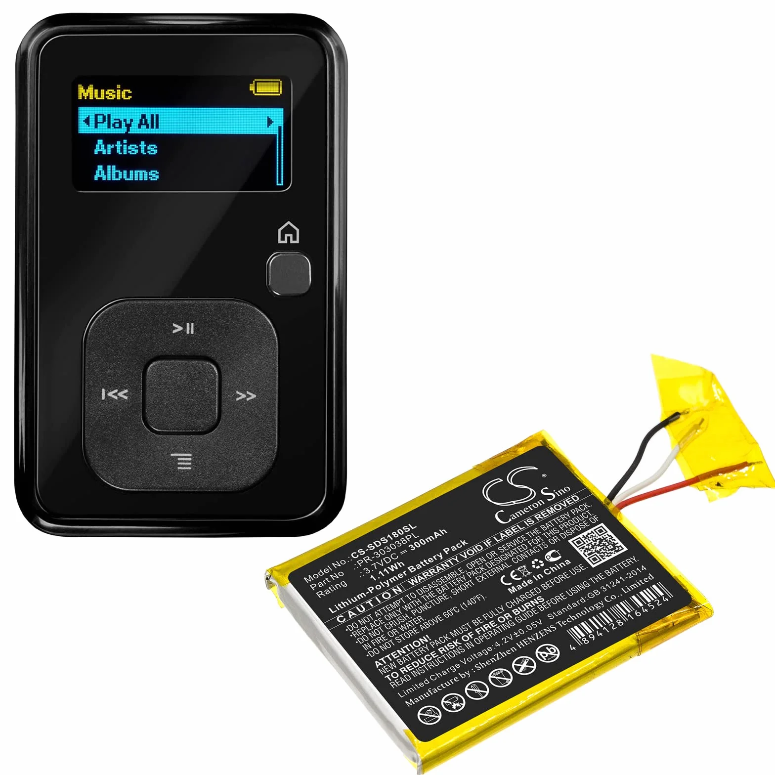 Cameron Sino zamiennik akumulatora do Clip Plus, Sansa Clip Zip, Sansa Clip+, SDMX18R-004GB-A57, SDMX18R-004GI-A57, SDMX18R-004GK-A57, SDMX18R-004GR-A57, SDMX18R-008GK-A57 PN: PR-3033 038PL 22 60 mAh