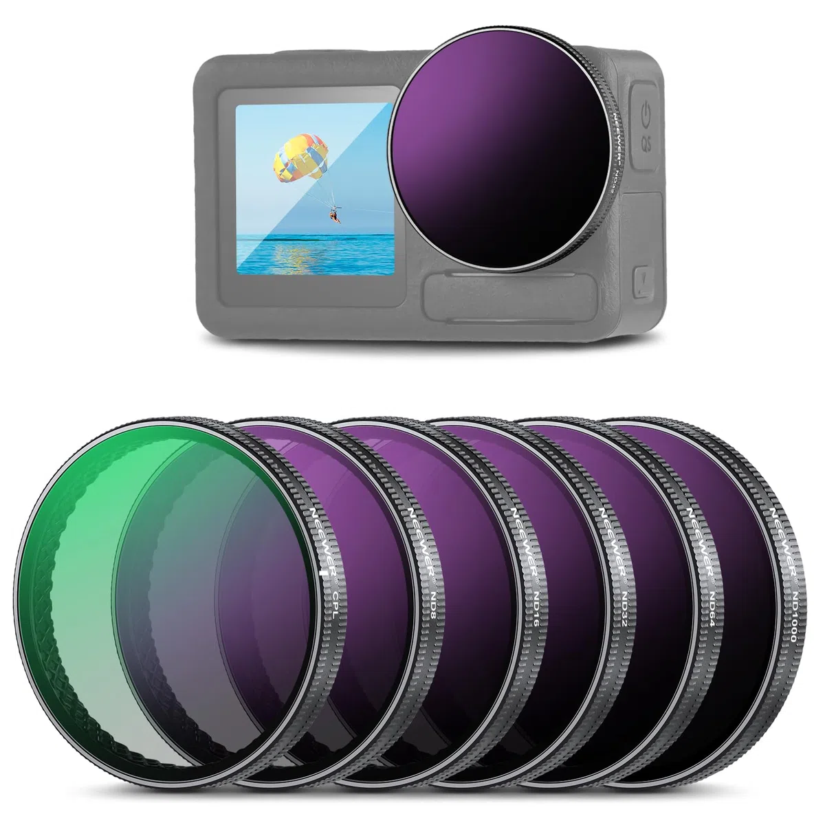 NEEWER Zestaw filtrów ND kompatybilny z DJI Osmo Action 3/4/5 Pro, 6 sztuk, ND8+ND16+ND32+ND64+ND1000+CPL, akcesoria do kamery sportowej, filtr neutralnej gęstości, wielowarstwowe szkło optyczne HD,