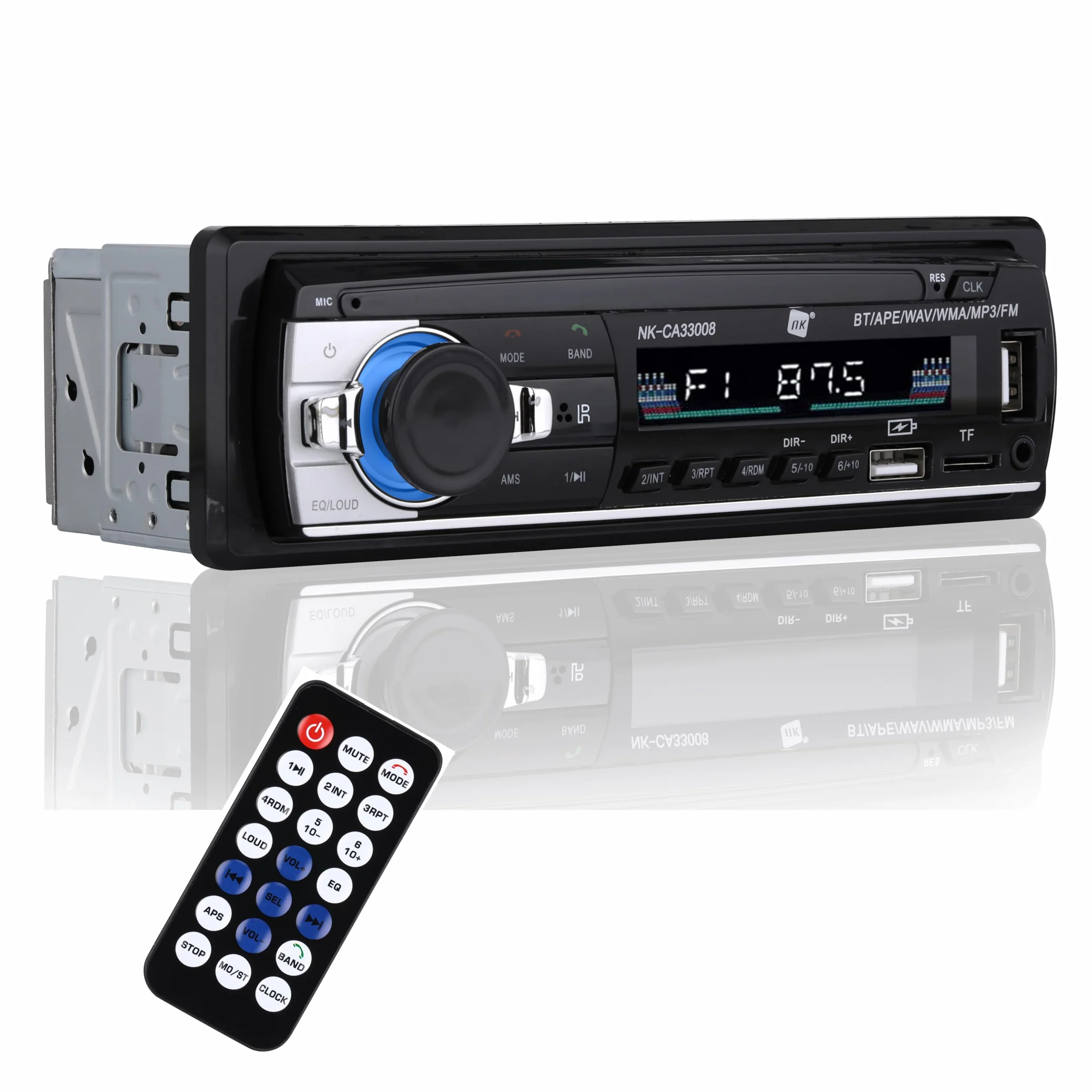 Radio samochodowe NK Auto - 1 DIN - 4x40W - Bluetooth 4.0, AUX, odtwarzacz MP3 i podwójny port USB, dźwięk stereo FM, zestaw głośnomówiący, pilot zdalnego sterowania, wyświetlacz LCD, iOS & Android