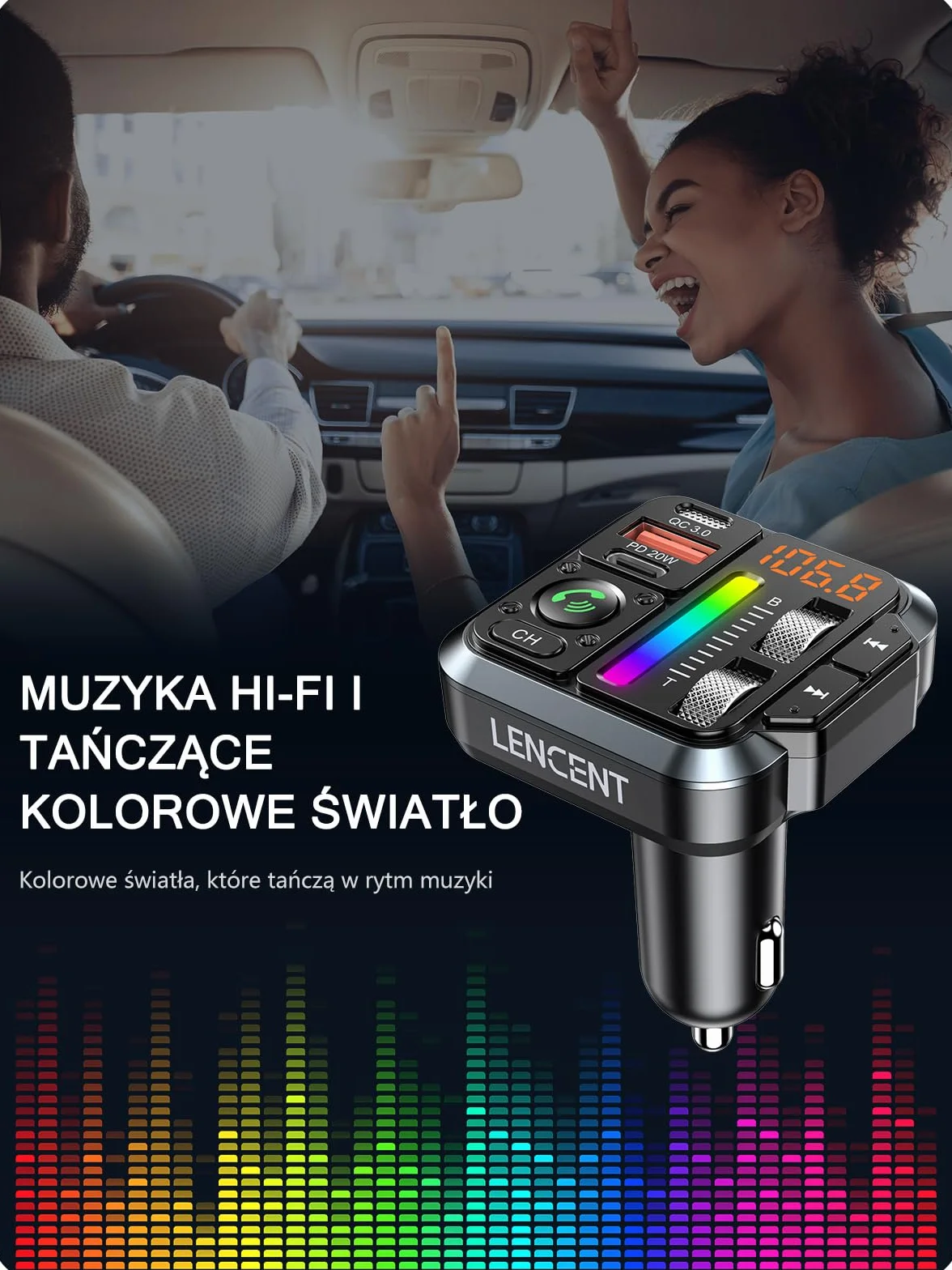 LENCENT 5.3 Samochodu Nadajnik FM Bluetooth, Bezprzewodowy Adapter Radiowy z Typ C PD 20 W + QC3.0 ładowarka Fast USB, Zestaw Głośnomówiący, Odtwarzacz Stereo MP3, Obsługuje dysk U, Kolorowe światło