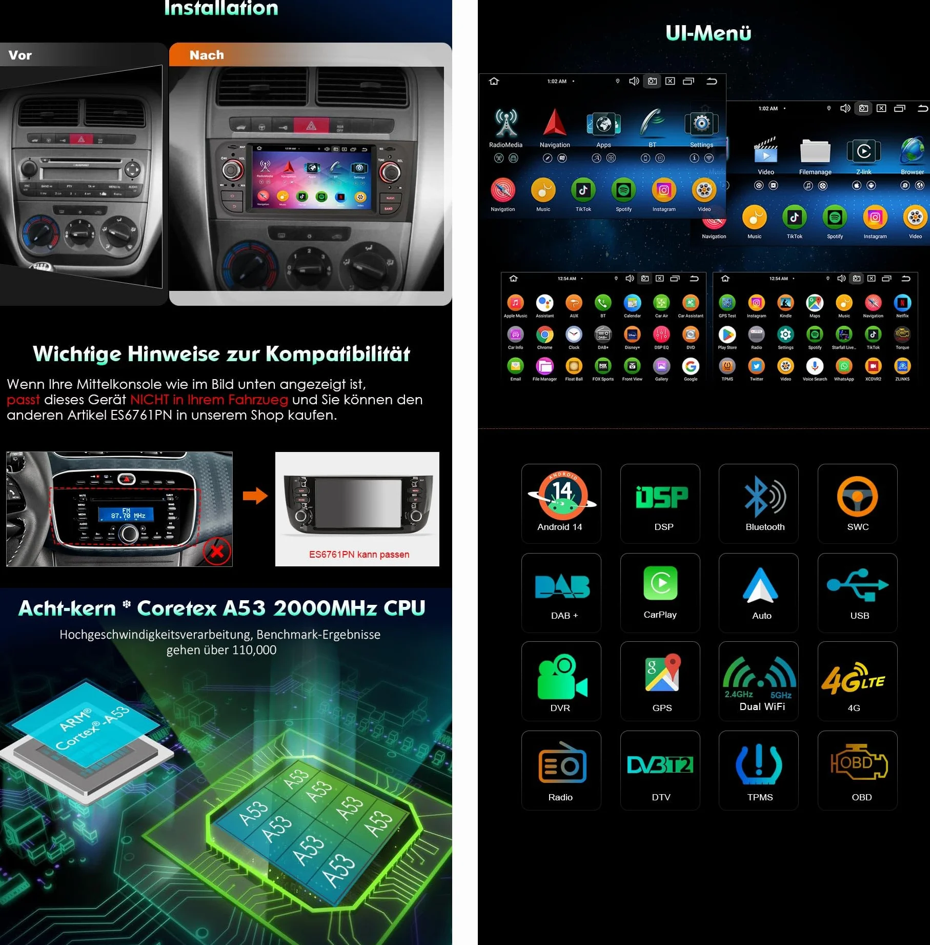Erisin 8-rdzeniowy 4 GB+64 GB Android 13 GPS radio samochodowe Bluetooth 5.0 nawigacja do FIAT Grande Punto Linea 6,1 cala IPS ekran dotykowy CarPlay Android Auto WiFi 4G