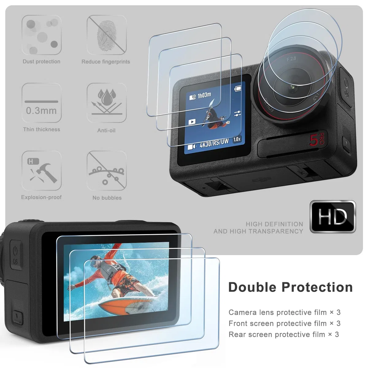 FiTSTILL [10 szt. ochraniaczy ekranu LCD z silikonową osłoną obiektywu do DJI Osmo Action 5 Pro, akcesoria do kamer akcji Osmo Action 5 Pro, twardość Ultra HD 9H