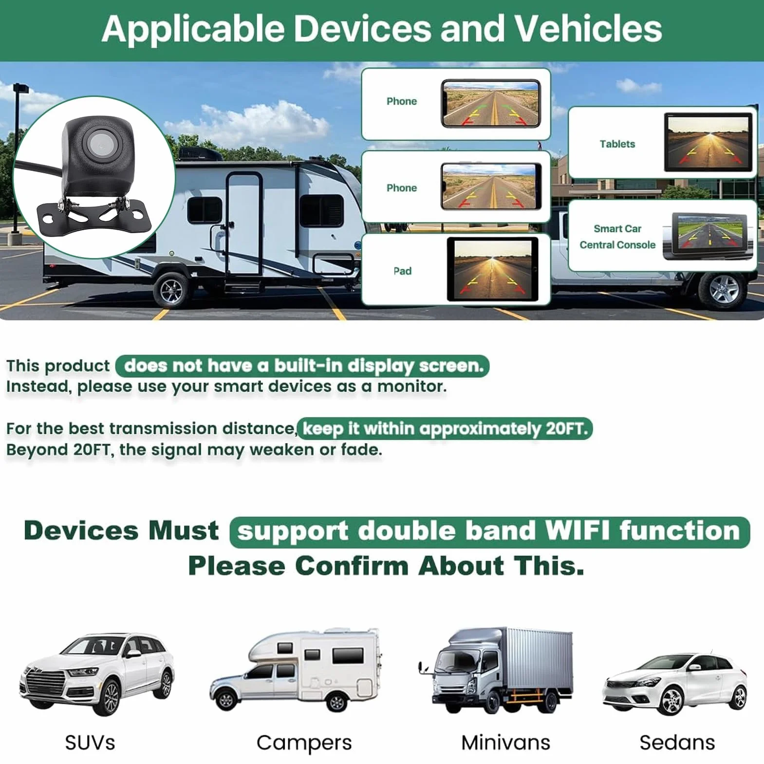 Kamera Cofania 1080P WiFi 175° Uniwersalna do Samochodu SUV RV iOS Tablet Telefon