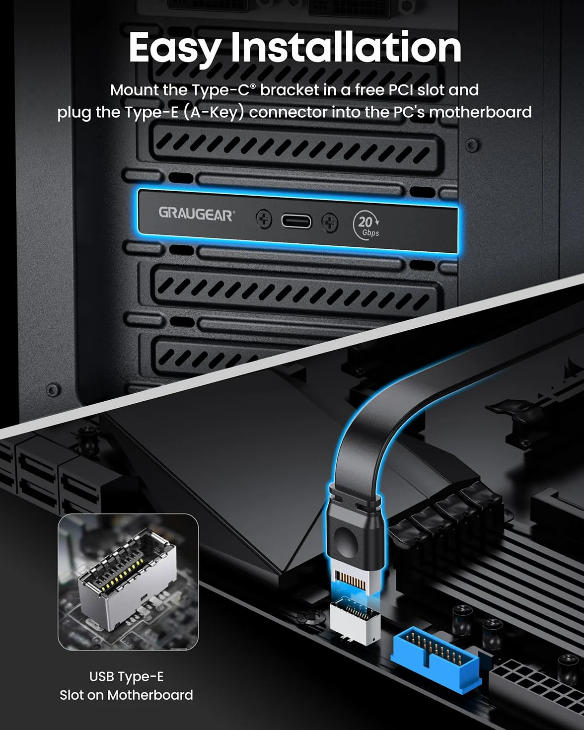 GRAUGEAR 20 Gbit/s USB-C rozszerzenie gniazda PCI, adapter A-Key na USB C, USB 3.2 Gen2 x 2 20 Gbps, 20 pin USB-e Header, czarny