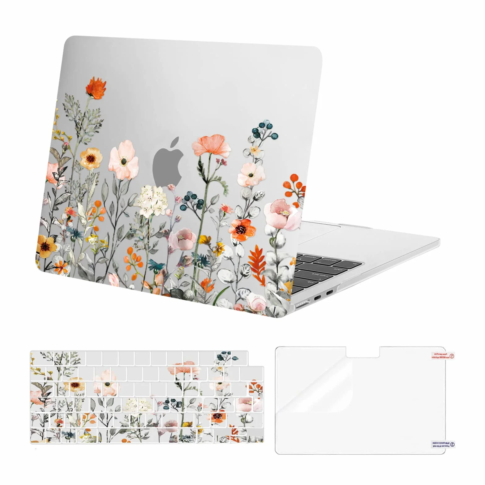 MOSISO Etui do MacBook Air 33 cm M4 M3 M2 2026-2022, twarda obudowa kwiatowa, skóra klawiatury, folia ekranowa