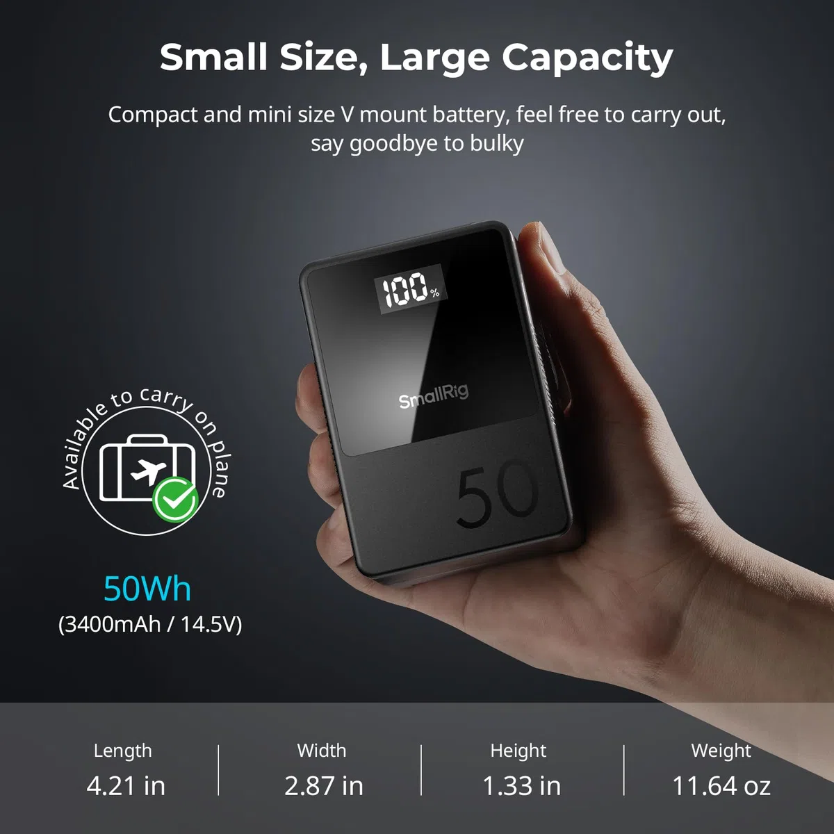 SMALLRIG Bateria VB50 mini V Mount, 3400mAh (50Wh / 14,8V) z Ekranem OLED, Szybkie łAdowanie 45W PD USB-C, D-TAP i USB-A, PodwóJne Porty DC, Kompaktowa V Lock Battery do Aparatów, Monitorów - 3579B