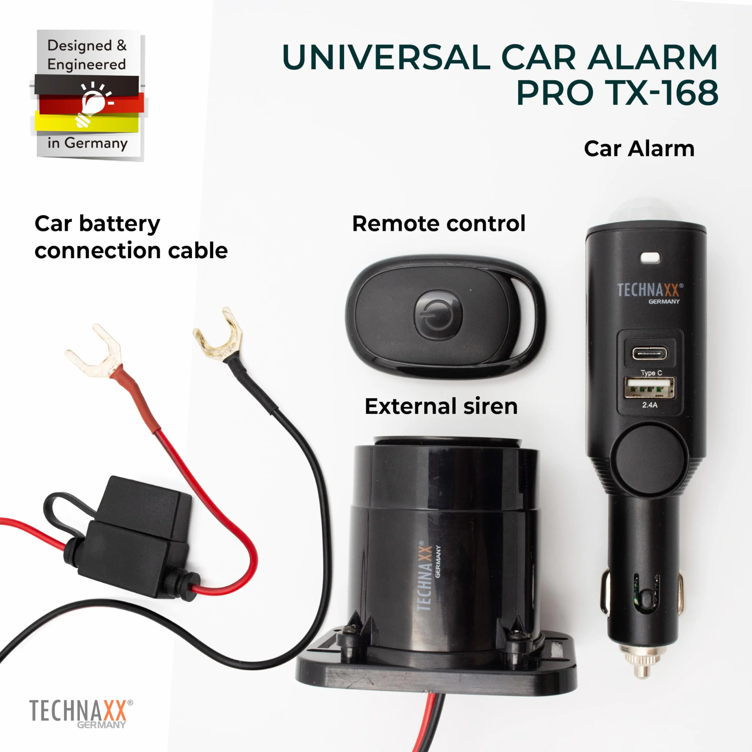 Technaxx Alarm samochodowy z czujnikiem PIR i syreną 105 dB TX-168 – system alarmowy do samochodu, przyczepy kempingowej, łodzi i domu – akumulator 7 dni, USB, przycisk paniki, pilot zdalnego