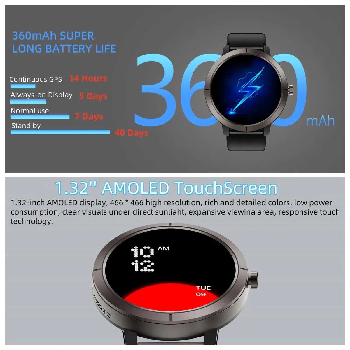 AIEK Smartwatch Damski Okrągły, 1,32" AMOLED Smart Watch z funkcją telefonu, 170+ trybów sportowych, zegarek sportowy 5 ATM wodoodporny Fitness z pulsometrem, monitorem snu, krokomierzem, zegarki