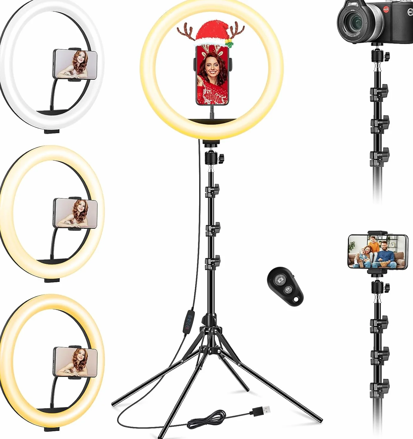 Profesjonalny pierścień świetlny 11.5" z dużym statywem, [aktualizacja] 1m77/69,5" podświetlany statyw smartfona, pierścień do selfie LED do makijażu