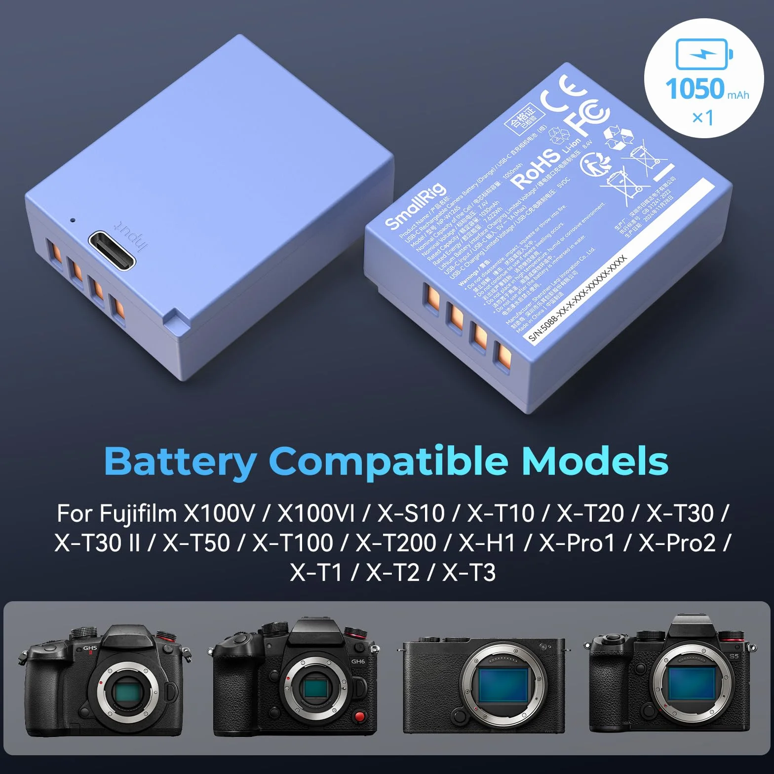 SMALLRIG Akumulator NP-W126S 1050mAh Akumulator USB-C do aparatu Fujifilm X100 IV, X-S10, X-T100, 2,5 godziny pełnego ładowania, do Fujifilm X-T50, X100V, X-T10, X-T20, X-T30, X-T30 II-5062