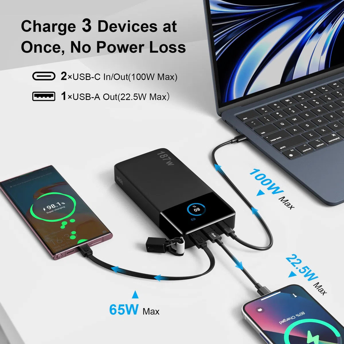 NOBIS Power Bank 187W 25000mAh Przenośna Ładowarka Z Dołączonym Kable USB-C | Szybkie zewnętrzne akumulatory z wyświetlaczem cyfrowym, Sterowaniem Aplikacją, dla iPhone, MacBook, Samsung Galaxy