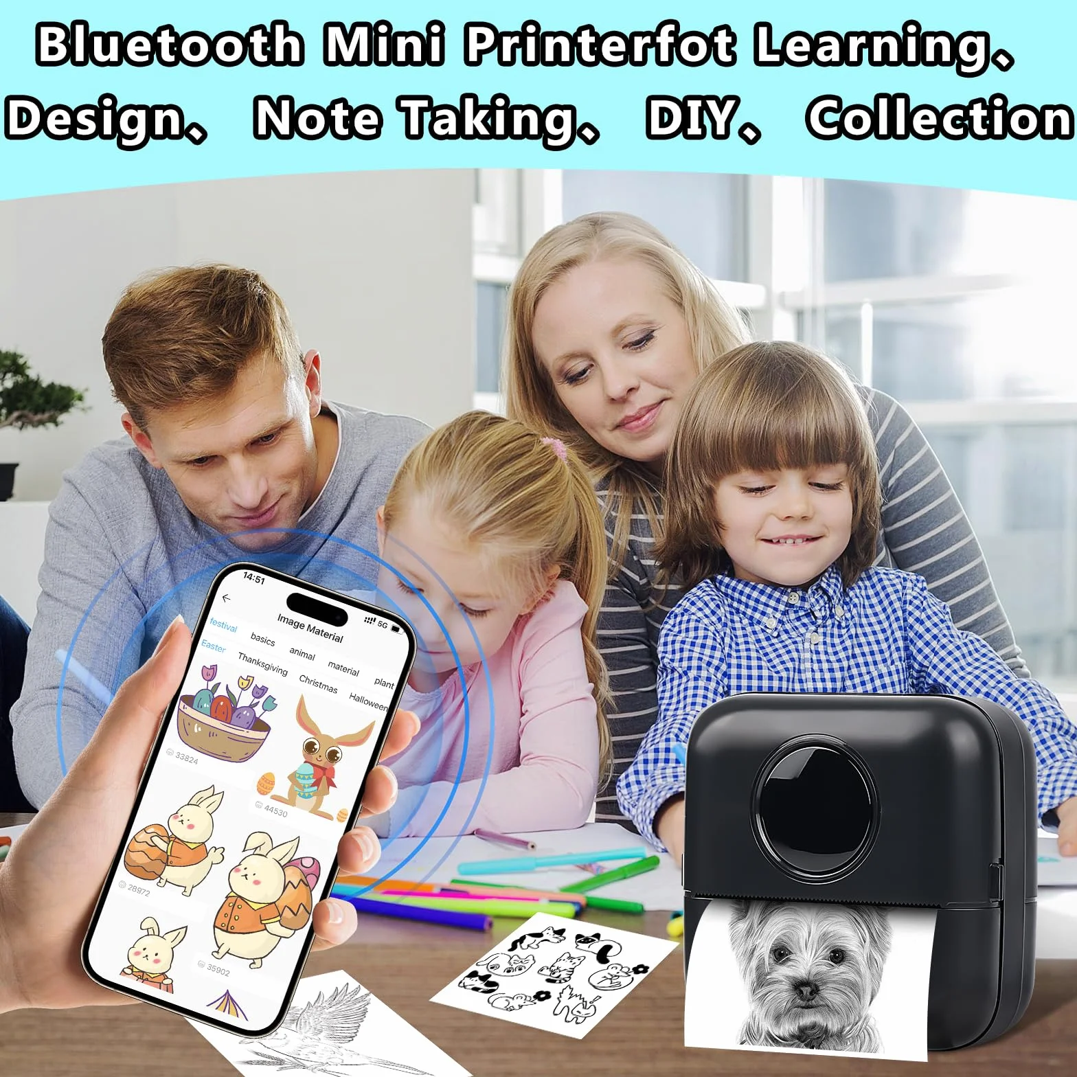 GuKKK Mini drukarka, mobilna drukarka fotograficzna, przenośna, bezprzewodowa drukarka termiczna, 13 rolek papieru do drukarki i 5 kredek, pomoc w nauce, notatek, notatek, listy