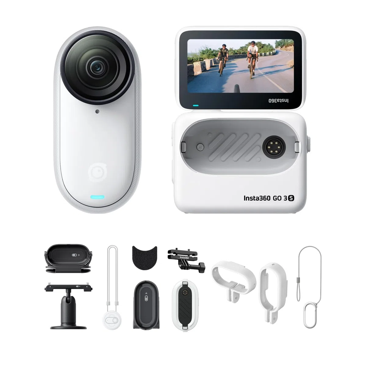 Insta360 GO 3S Cycling Multiview zestaw 128 GB biały – mała przenośna kamera do vlogowania 4K, bez użycia rąk, mocowanie w dowolnym miejscu, stabilizacja, żywotność baterii 140 min, wodoodporność 10 m