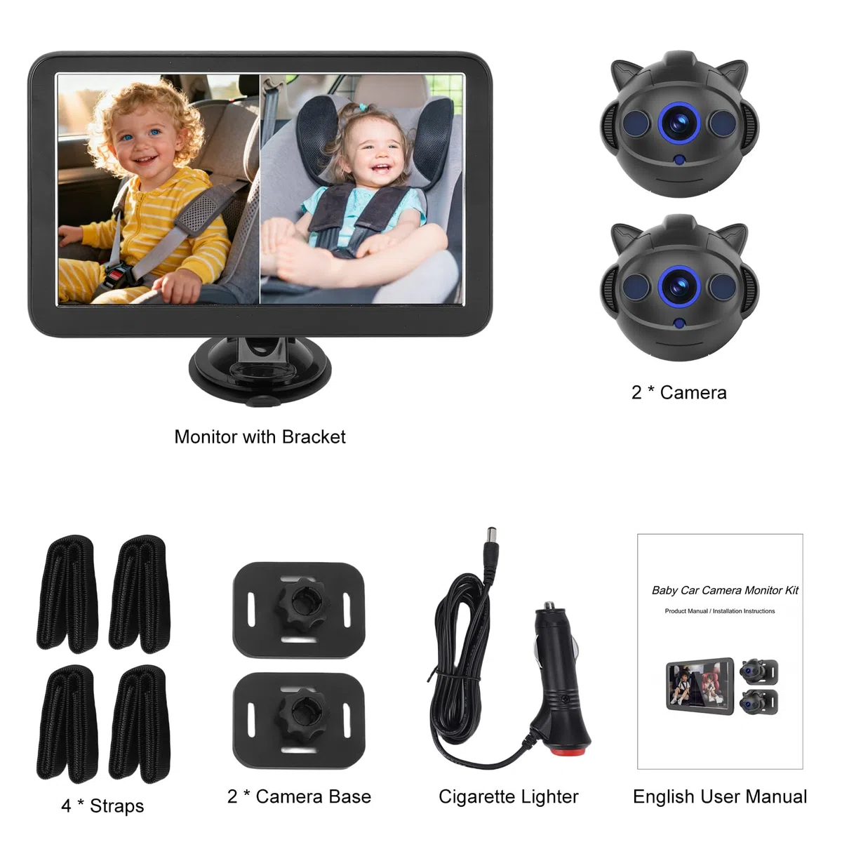 Kamera Samochodowa dla Dzieci 9-calowy Monitor 1080P Podwójny kanał dla Zwierząt Dziecięcych Skierowanych Tyłem do Kierunku Jazdy, Wyraźny Obraz w dzień i w Nocy, łatwa Instalacja