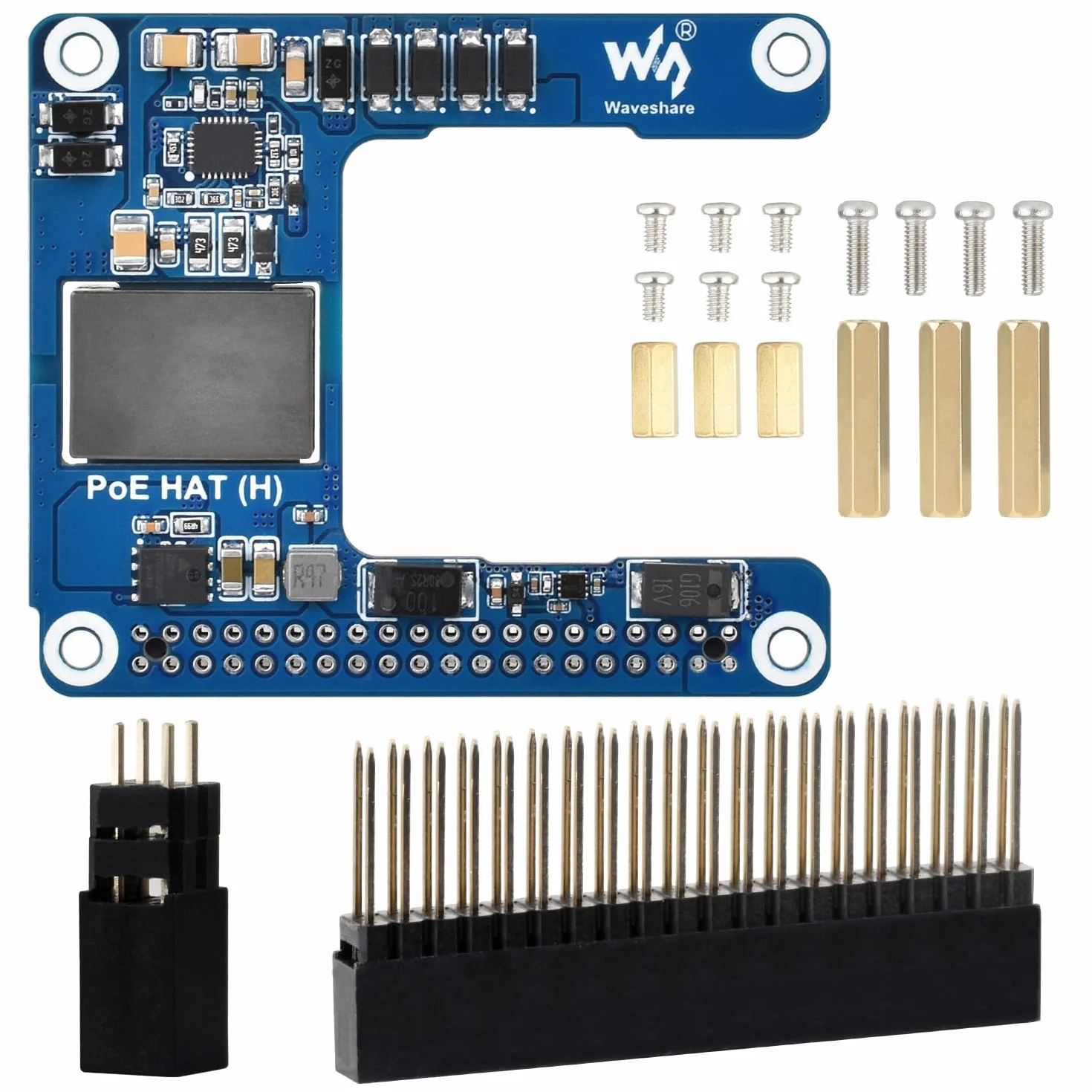 Waveshare Power Over Ethernet HAT (H), Compatible with Raspberry Pi 5 / CM 5, 5V 5A Output, Stable Performance, Supports 802.3af/at Network, Isolated Switched-Mode Power Supply, PoE HAT, Board ONLY