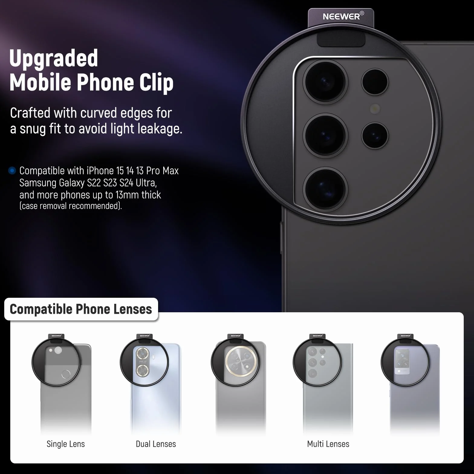 NEEWER Klips filtrujący do telefonu 67 mm, gwintowany, uchwyt na zimną stopkę, kompatybilny z iPhone 15 Pro Max 15 Plus 14 13