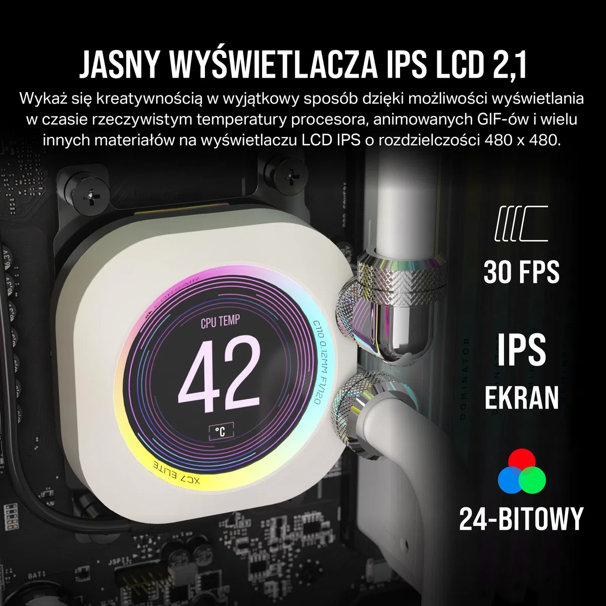 CORSAIR XC7 RGB ELITE LCD Blok Wodny do Procesora - 480x480 Ekran LCD IPS - 31 RGB LEDs - USB-C - Pasuje do Gniazd Intel® LGA 1700, AMD® AM5 i Starszych - Biały