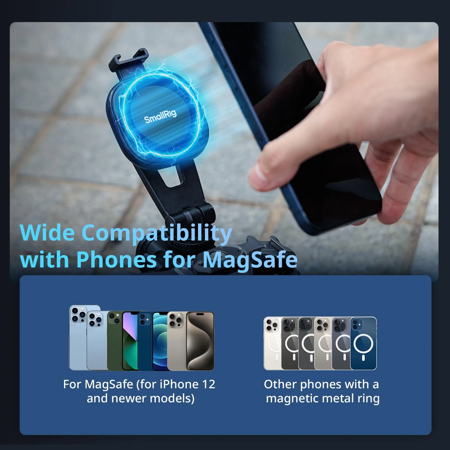SMALLRIG Magnetyczny zacisk do telefonu AC-10 z mocowaniem na zimną stopkę i otworem gwintowanym 1/4"-20, do iPhone 16/15 / 14, kąt nachylenia 90° do nagrywania i transmisji na żywo - 5283