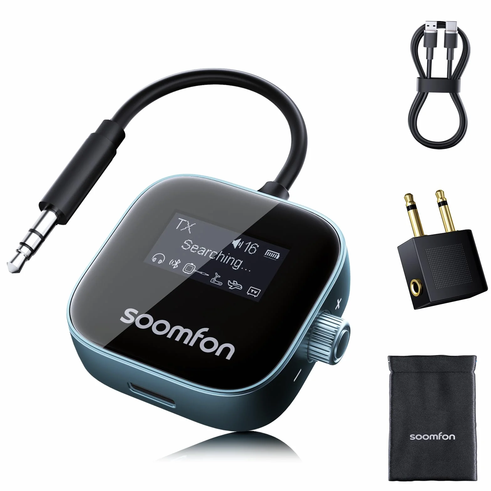 SOOMFON Odbiornik nadajnika Bluetooth 5.3 z gniazdem 3,5 mm z ekranem LCD, podwójne parowanie, adapter Bluetooth AUX 13H, bezprzewodowy nadajnik audio 2 w 1, do samolotu, telewizora, słuchawek