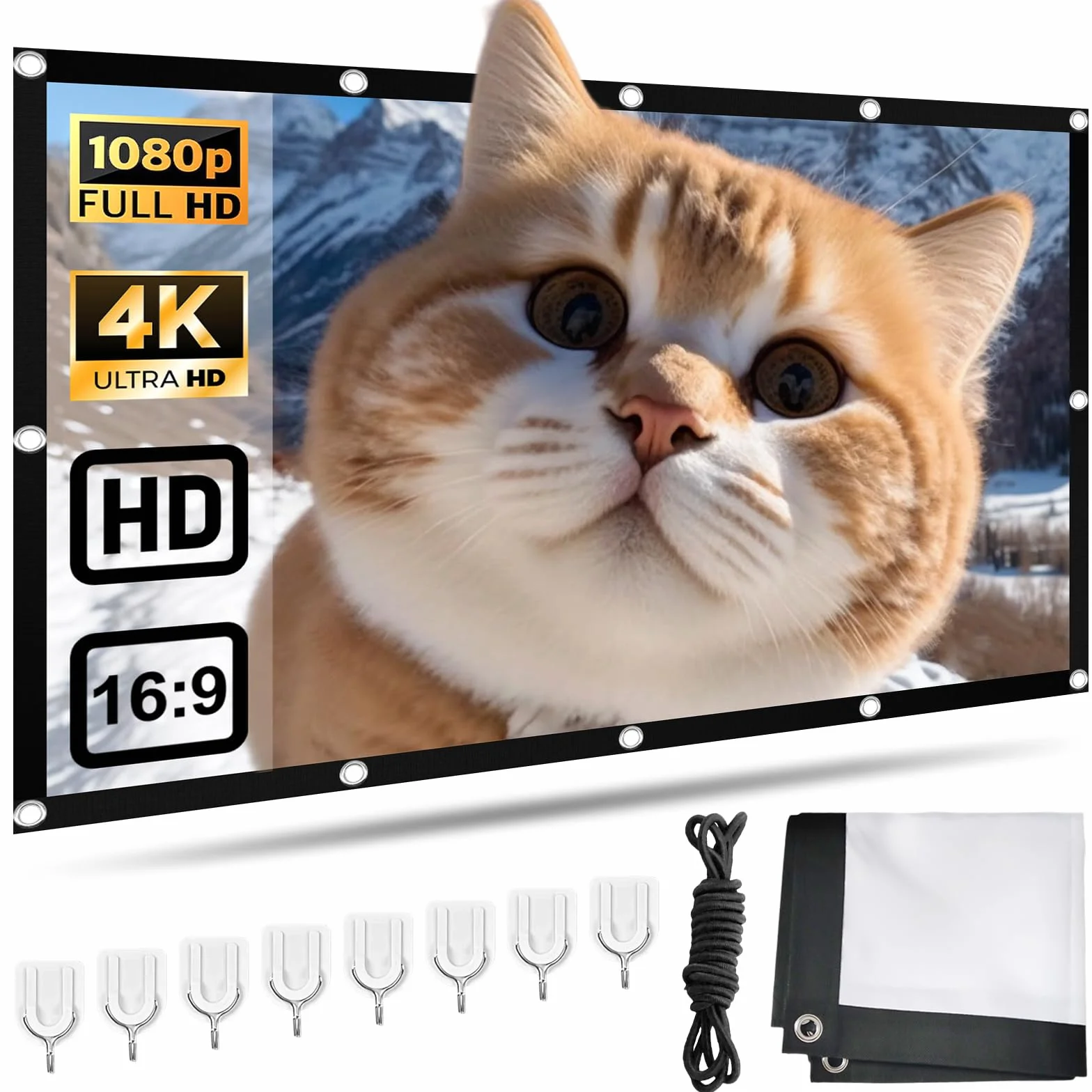 Ekran projekcyjny, 100 cali, płótno rzutnikowe do użytku wewnątrz i na zewnątrz, 16:9 HD 4K, dwustronna, przenośna, do domu, biura, szkoły i na zewnątrz