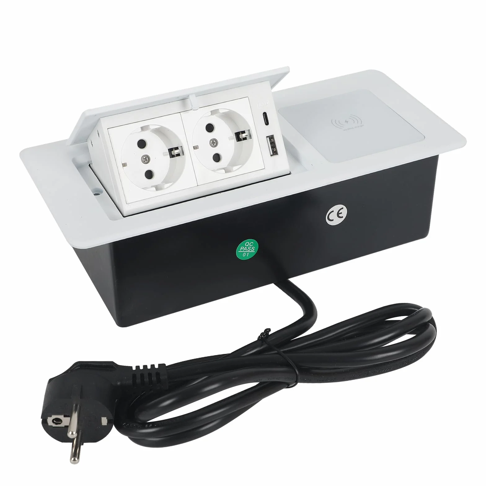Wysuwane gniazdko elektryczne, 2 gniazda wtykowe do zabudowy, z USB i bezprzewodową ładowarką 15 W, typ C, 20 W, szybkie ładowanie, gniazdko stołowe, do biura, blatu roboczego (białe)