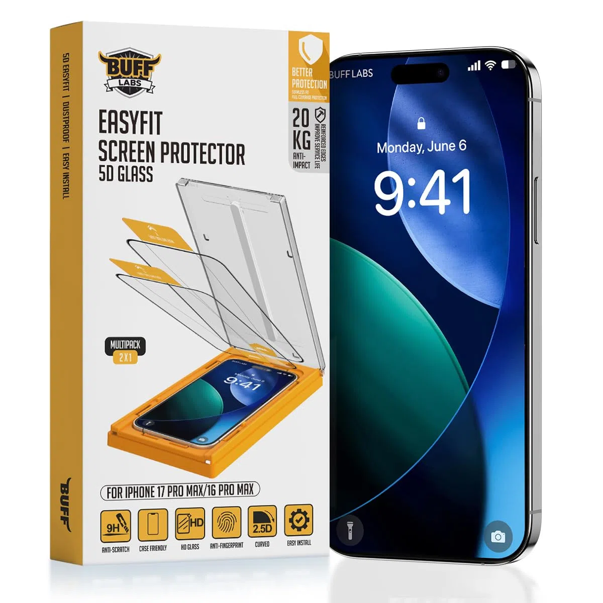 BUFF LABS 2-pak szklanych ochraniaczy ekranu do iPhone'a 17 Pro Max / iPhone 16 Pro Max, szkło hartowane z zestawem do automatycznego ustawiania, bez pęcherzyków powietrza, ochrona przed upadkiem