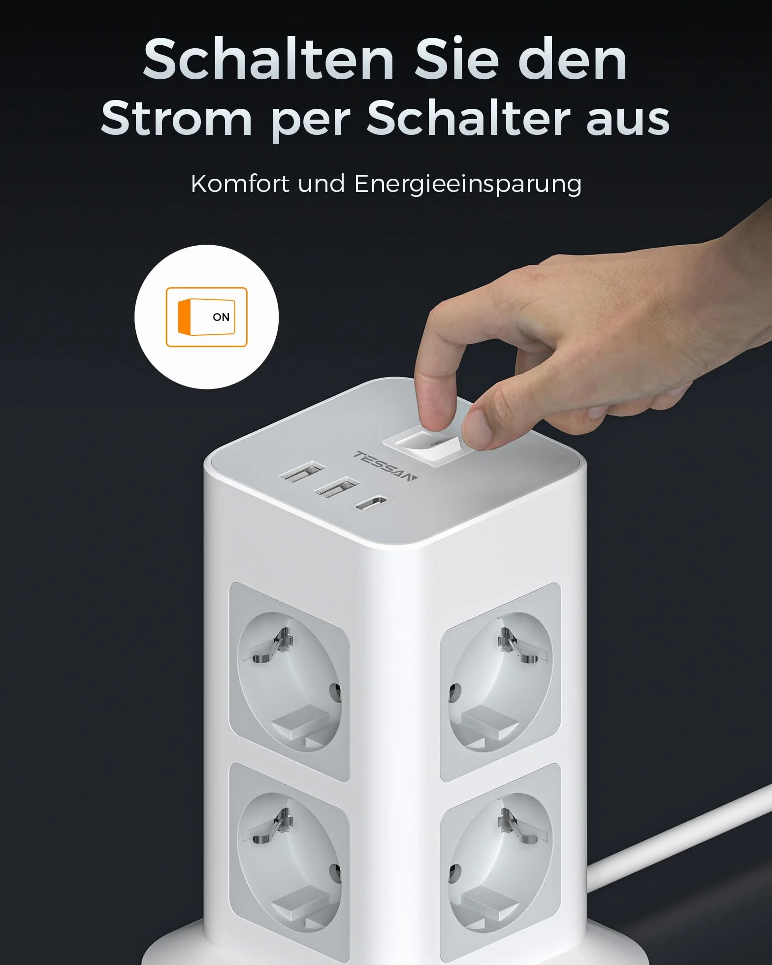 TESSAN Wieżowa listwa zasilająca z 8 gniazdami, przeciwprzepięciowe, 2 portami USB A i 1 USB C gniazdo wtykowe, listwa sieciowa z wyłącznikiem i przedłużaczm 3 metry, 3600W, szaro biały