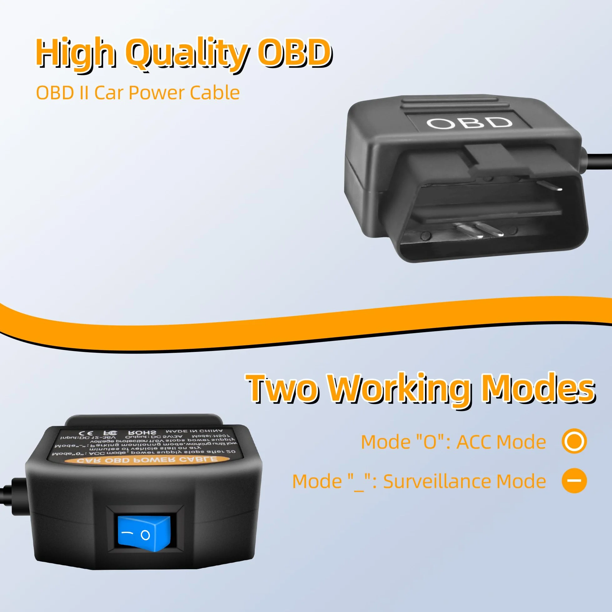 GELRHONR Kabel zasilający OBD USB C do pojazdów elektronicznych, kamery na deskę rozdzielczą, 12-24 V OBD2, zestaw Hardwire z przyciskiem przełącznika, 24-godzinny nadzór i tryb Acc 2