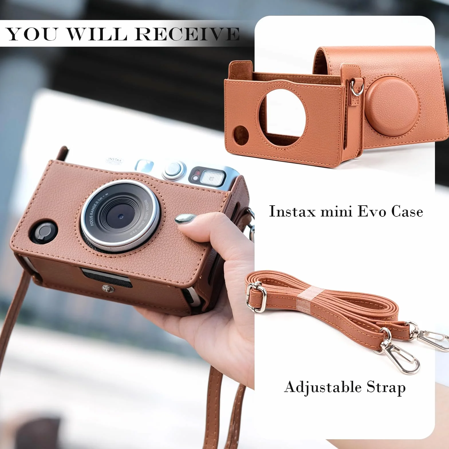 Rieibi etui na aparat Fujifilm Instax Mini Evo, skórzany pokrowiec ochronny vintage, brązowy