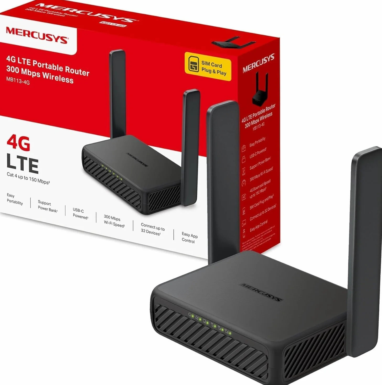 Mercusys MB113-4G LTE Wi-Fi router, mobilny router 4G, przenośny, z kartą SIM, Cat 4 do 150 Mbit/s, 2 porty 100 Mbps, OpenVPN, Plug & Play, do 32 urządzeń, zasilanie powerbankiem