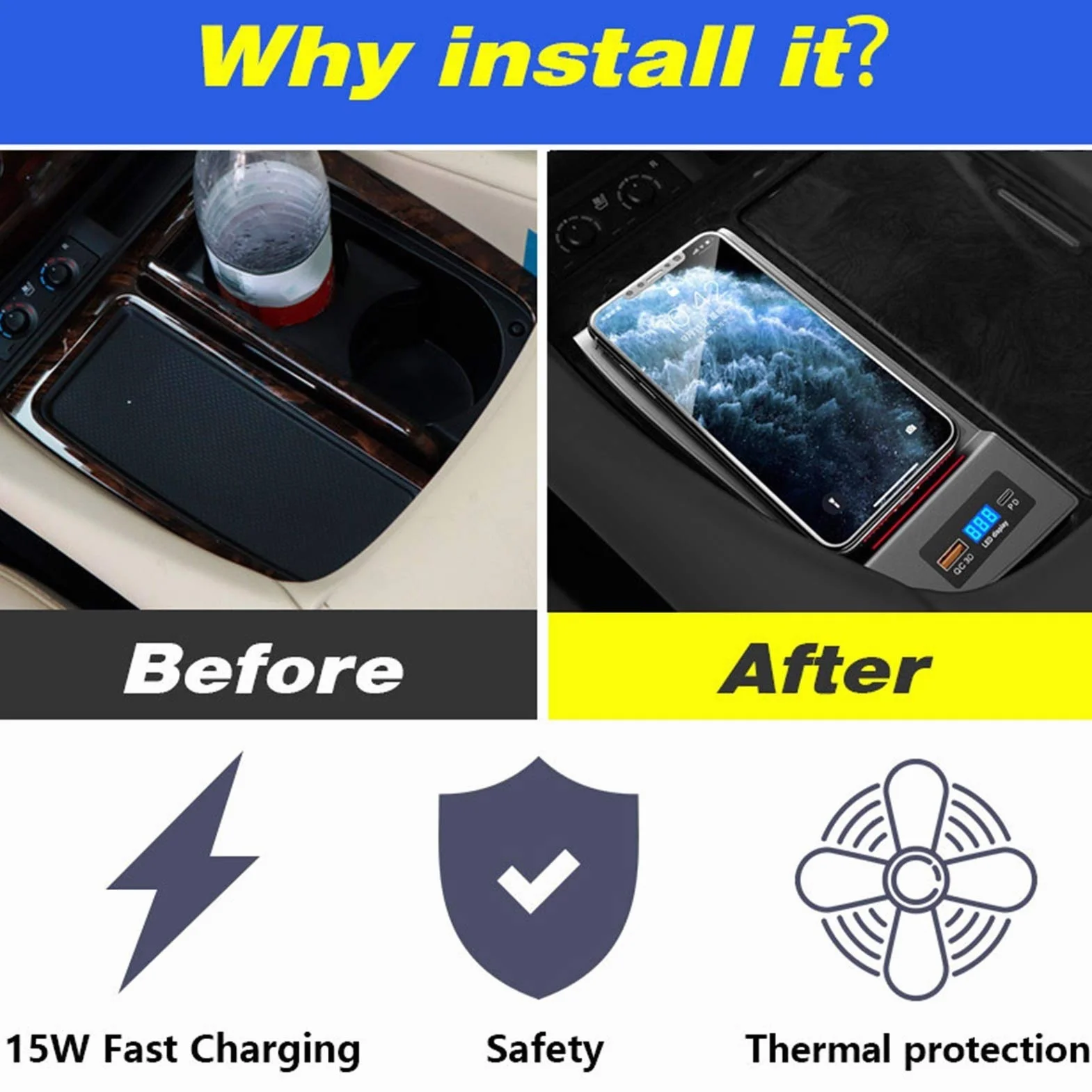 Ładowarka bezprzewodowa QI do samochodu, for Toyota, Alphard Akcesoria Modyfikacja wnętrza 15 W Szybka płytka ładująca telefon 2018 2019 2020 Samochodowa płyta ładująca(Single Coil 15W LHD)