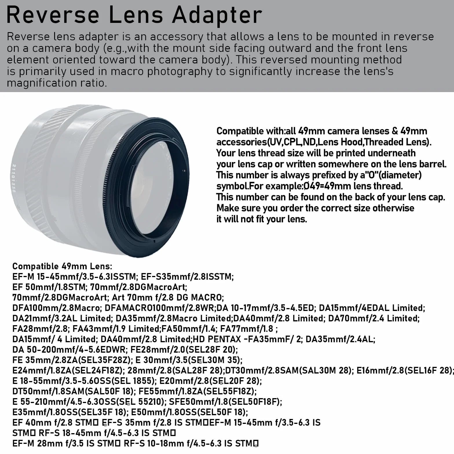 EOS M-49 mm adapter retro/pierścień odwrócony makro, do Canon EOS M Mirroless M1 M2 M3 M10 M50 M6 M5, do odwrotnego przykręcenia obiektywu. Do zdjęć makro